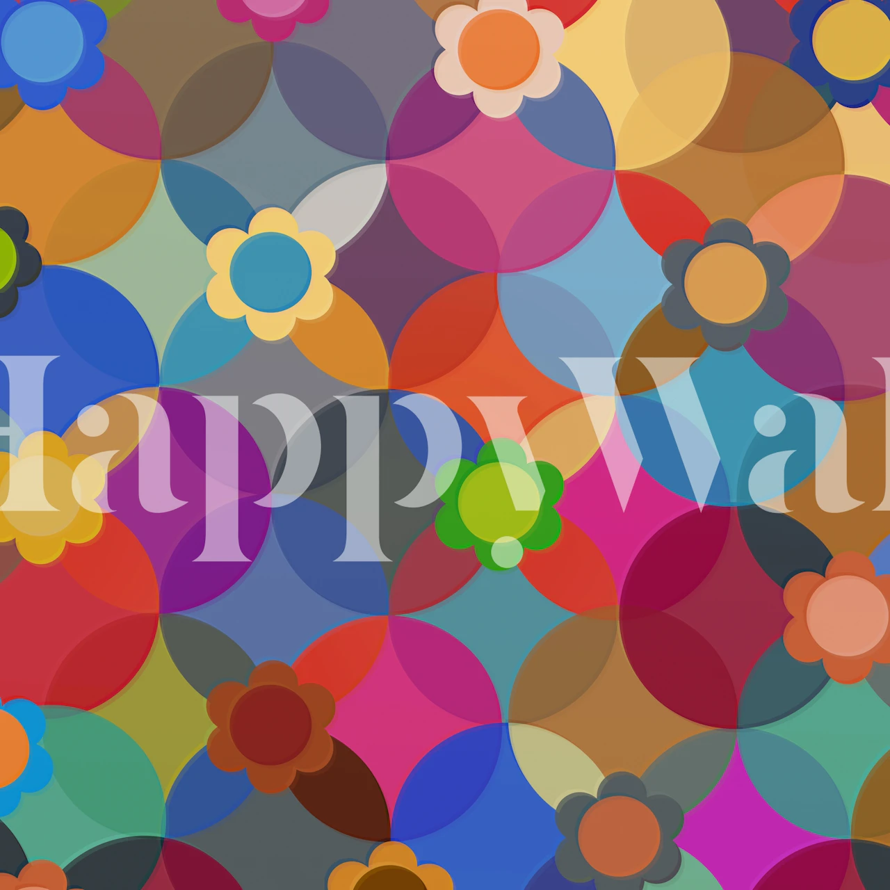 Papel de parede colorido com círculos e flowers em um quarto