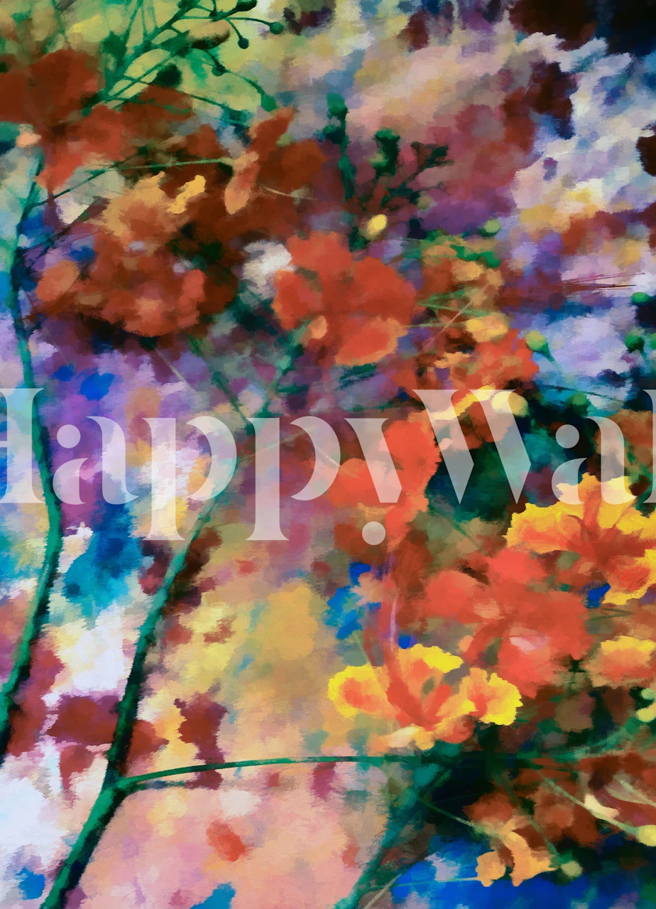 Colorful abstract floral wallpaper in vibrant orange, yellow, and blue hues
