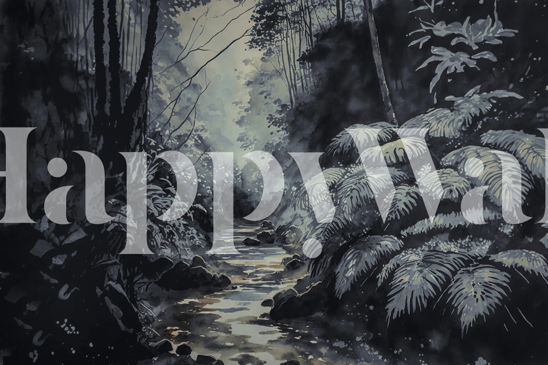 Tropical jungle scene with dark green leaves and a soft stream, moody wallpaper