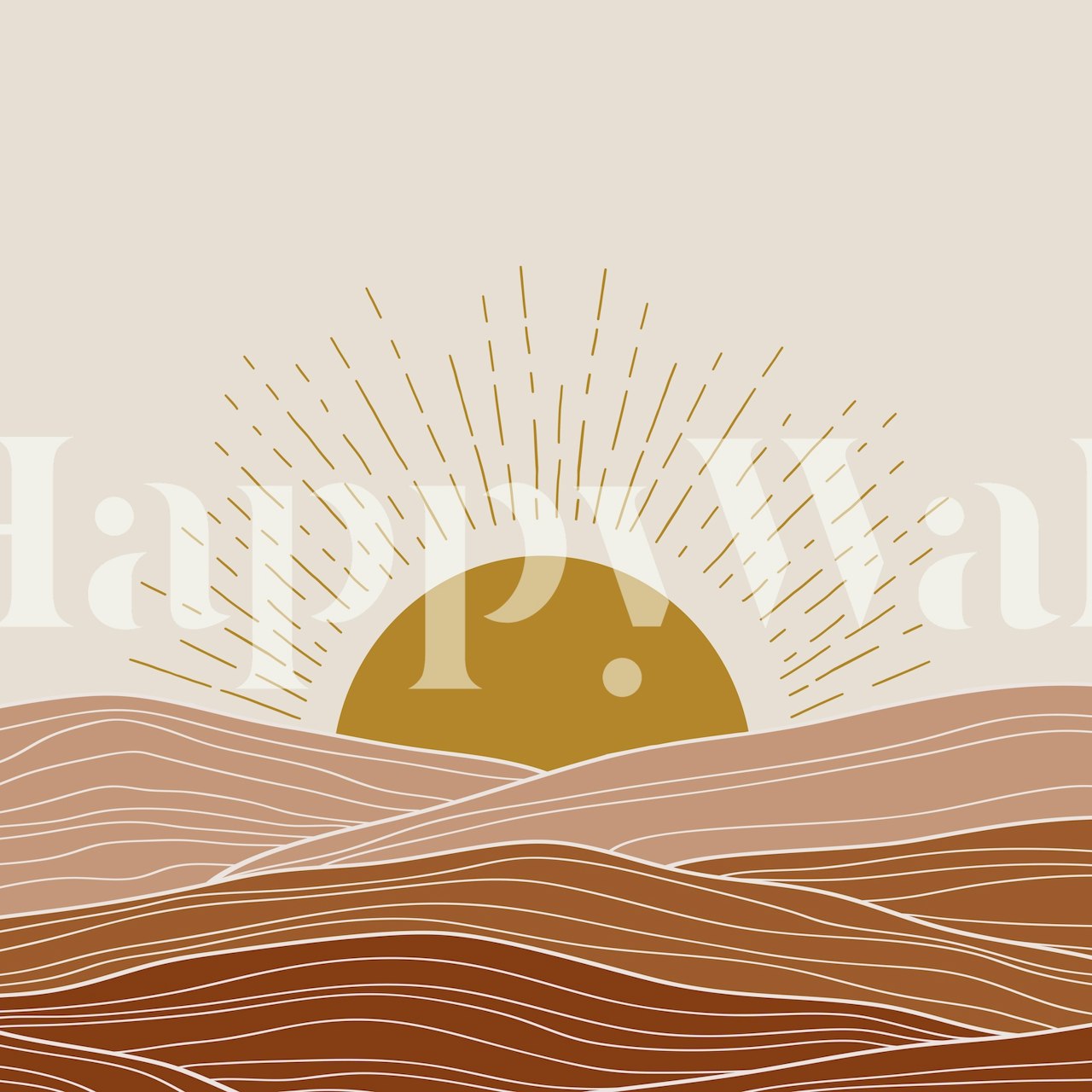 Boho sunrise design with golden sun and wavy hills in earthy tones wallpaper