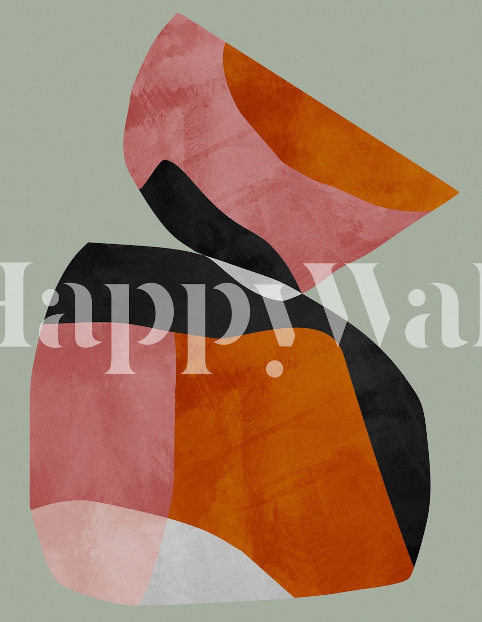 Abstract shapes in warm colors like orange, pink, and black on a soft green background wallpaper