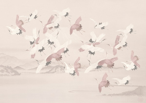 Flying vintage crane birds