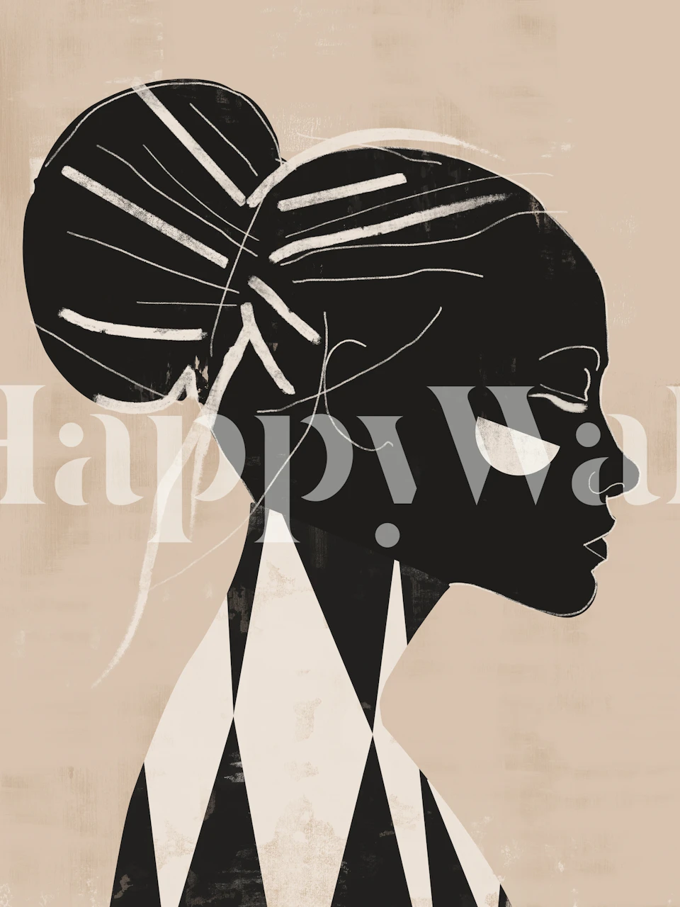 Abstract black and white profile of a woman on beige wallpaper