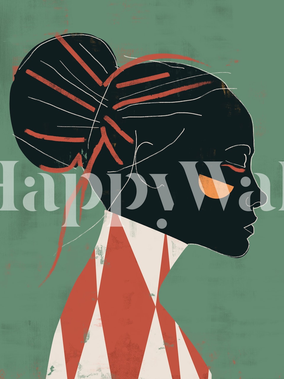 Female profile with red accents on green background wallpaper