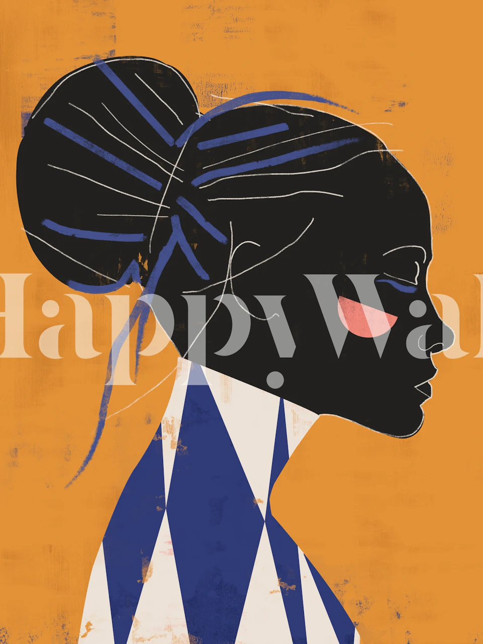 Abstract female profile wall mural in blue on an orange background