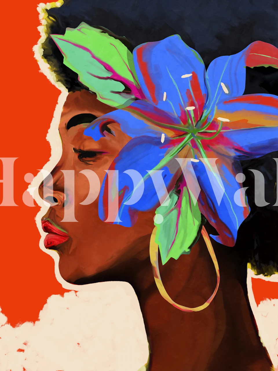 Abstrakt tapet av en kvinna med en stor blå blomma i håret mot en kontrasterande orange bakgrund