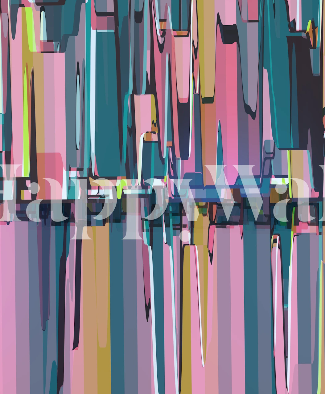 Abstract wall mural with vertical streaks in pink, blue, and pastel tones with bold black lines