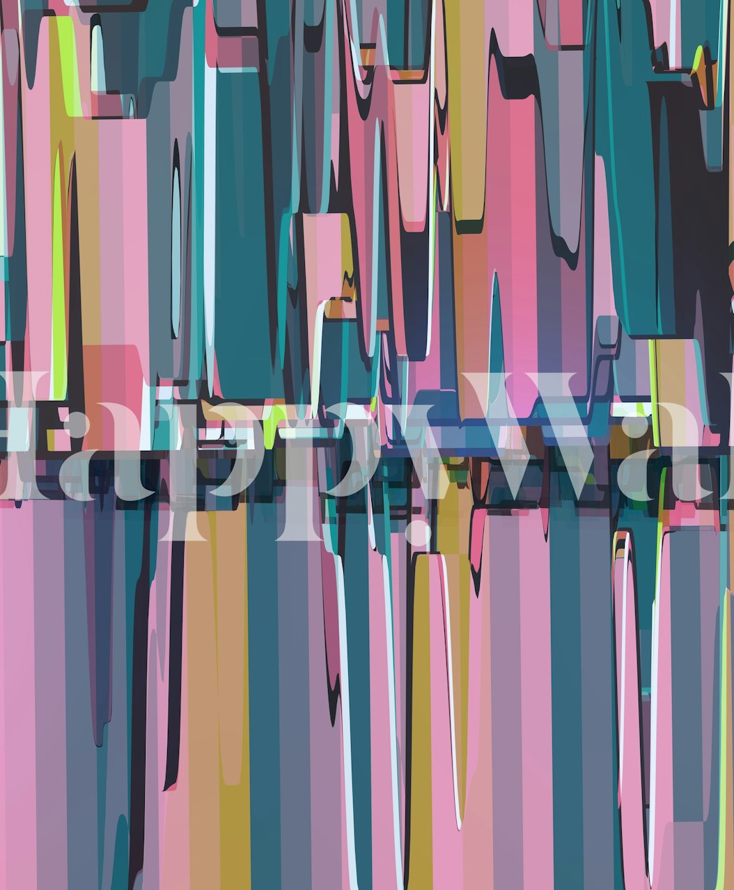 Abstrakti seinämaalaus, jossa pystysuoria raitoja vaaleanpunaisissa, sinisissä ja pastellisävyissä lihavoituilla mustilla viivoilla