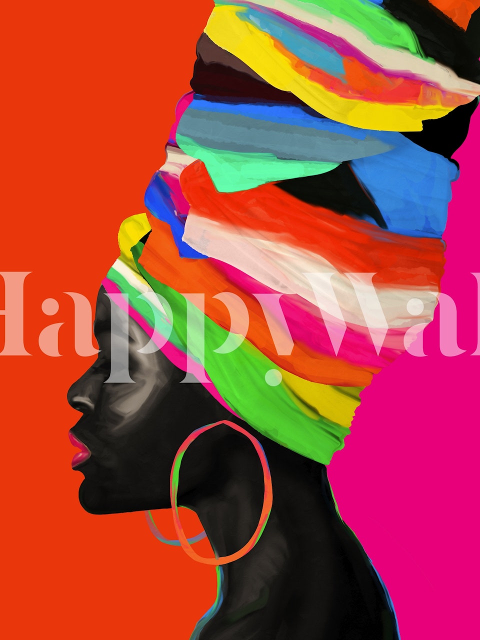 Profil kobiety w kolorowym abstrakcyjnym turbanie na fototapecie w neonowym różowym tle