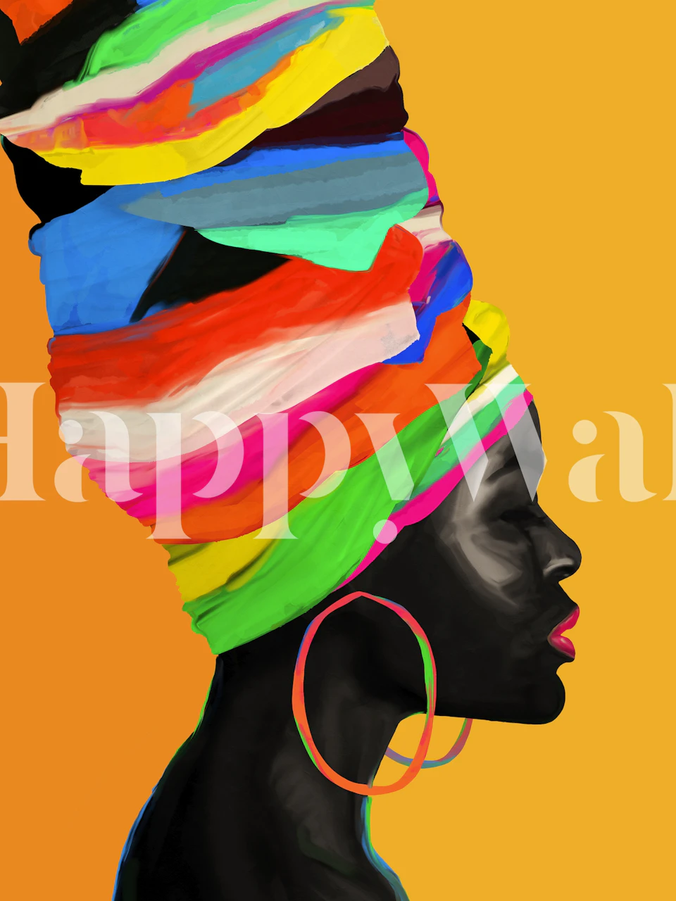 Barevná abstraktní nástěnná malba profilu ženy s vícebarevným turbanem