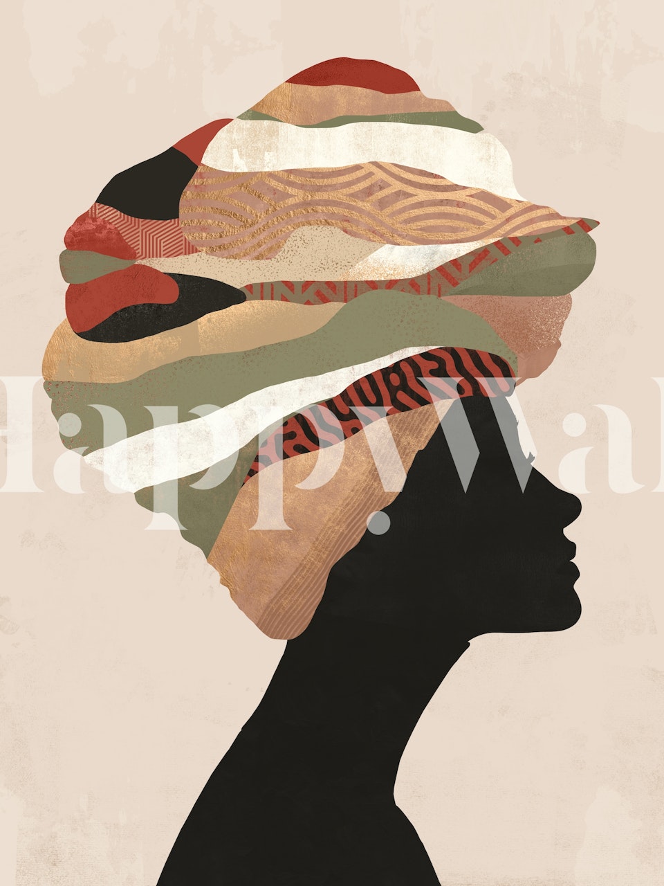 Black silhouette of a woman with a turban in earth tones wallpaper