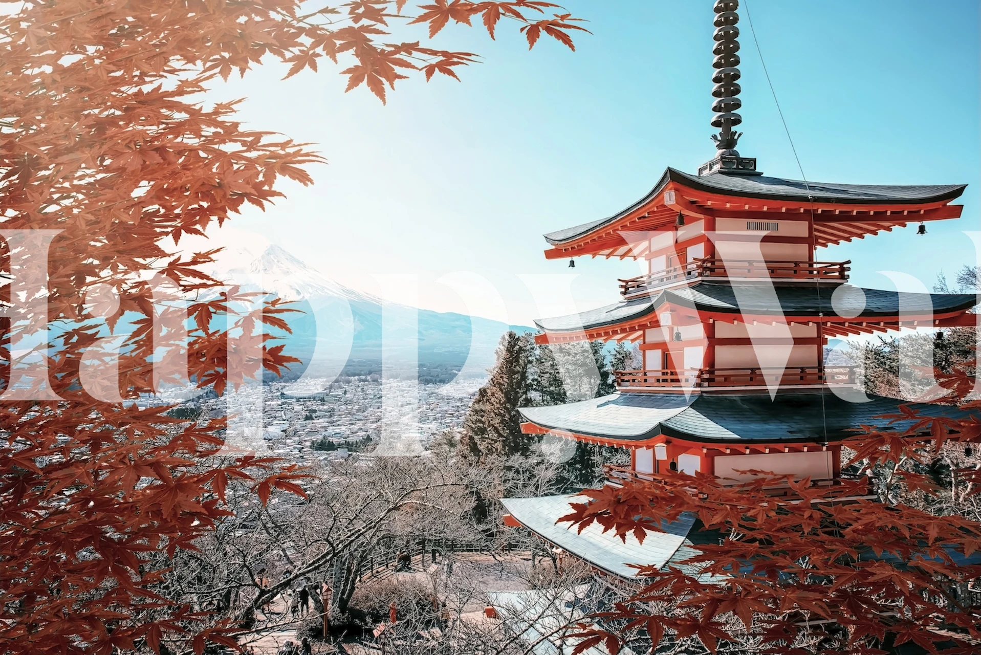 Murale della Pagoda Chureito con foglie autunnali e Monte Fuji