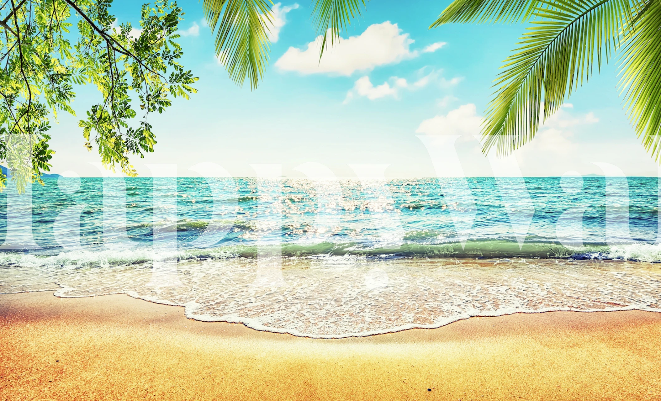 Tropical beach scene with palm leaves, blue ocean, and sandy shore wallpaper