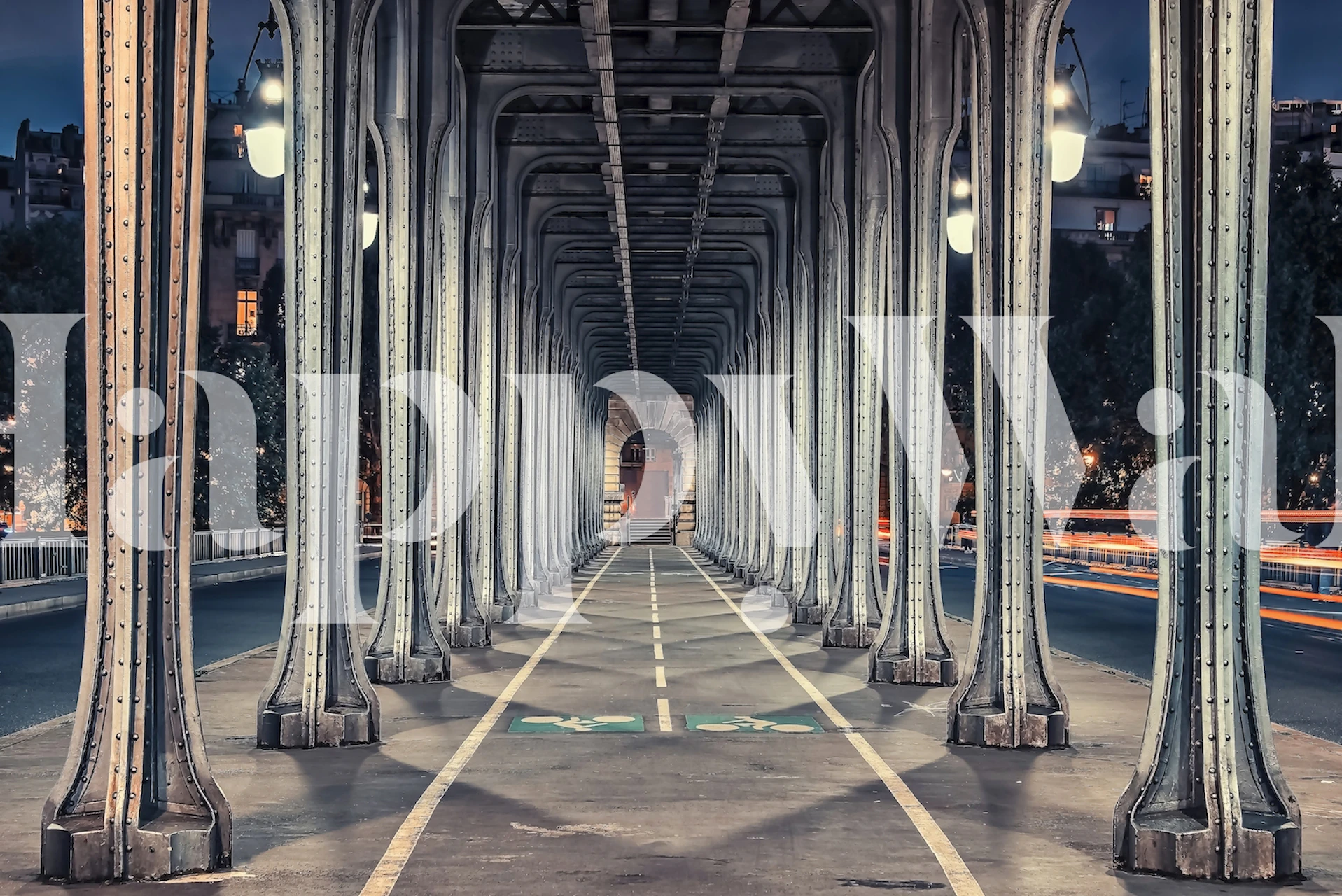 Architectural iron bridge wallpaper with gray tones and urban style