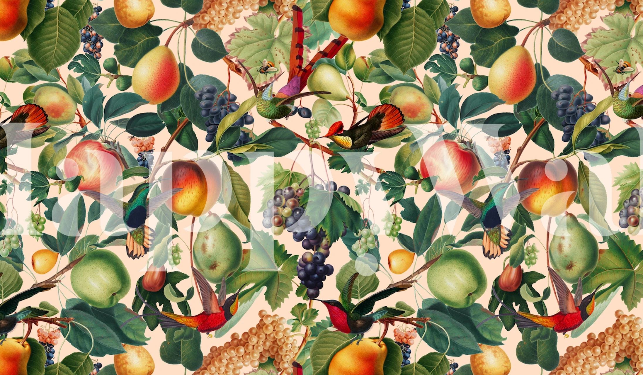 Veggmaleri med sommertema med en rekke frukter som fersken og druer blant grønne blader