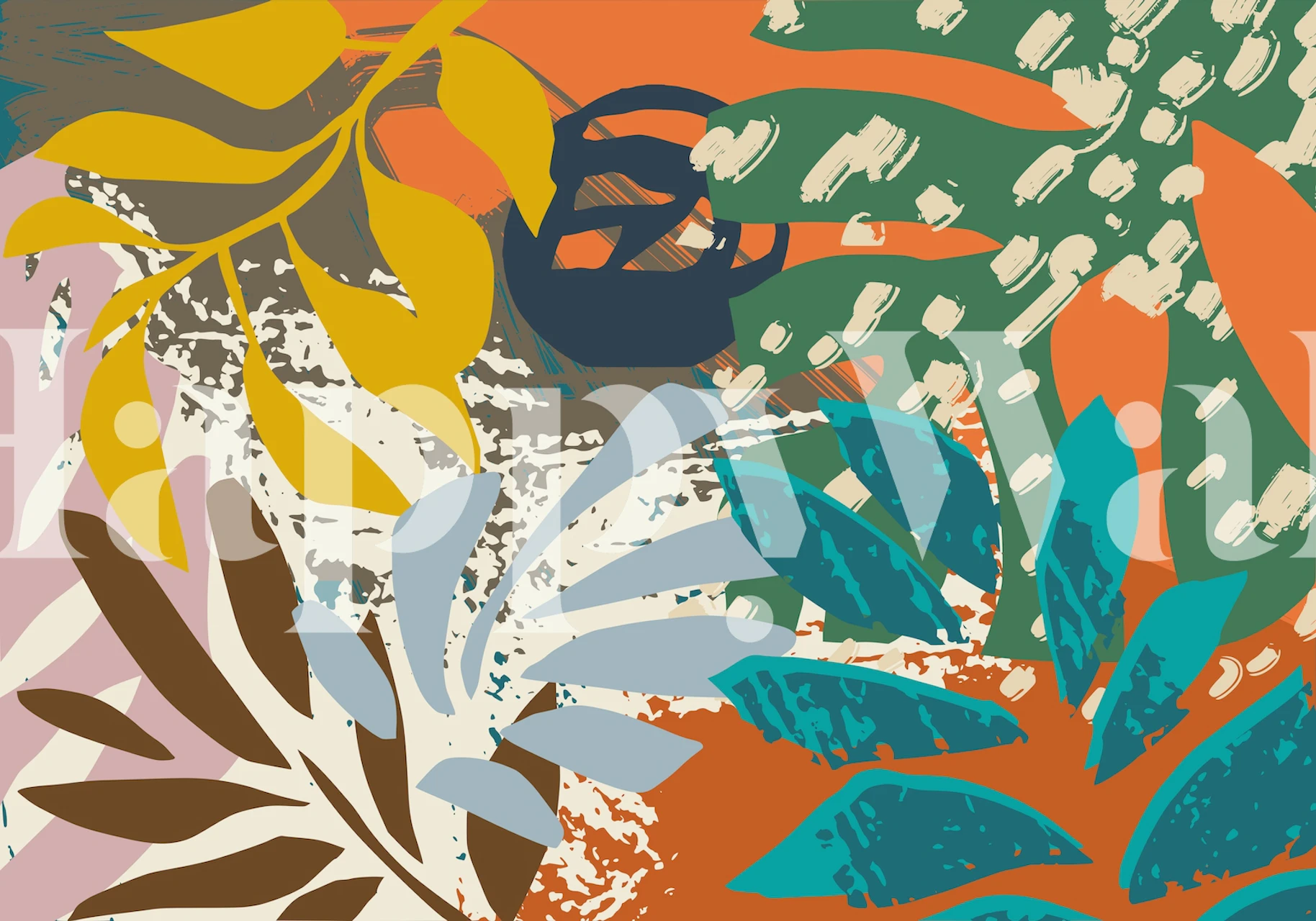 Mural de pared con hojas abstractas y coloridas que crea un ambiente vibrante inspirado en la naturaleza