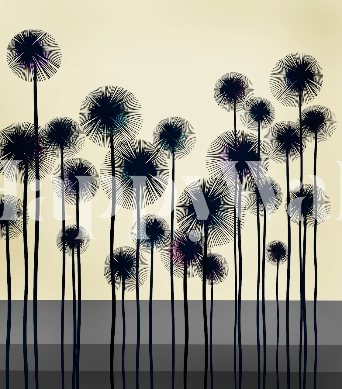 Black abstract floral silhouettes on beige wallpaper