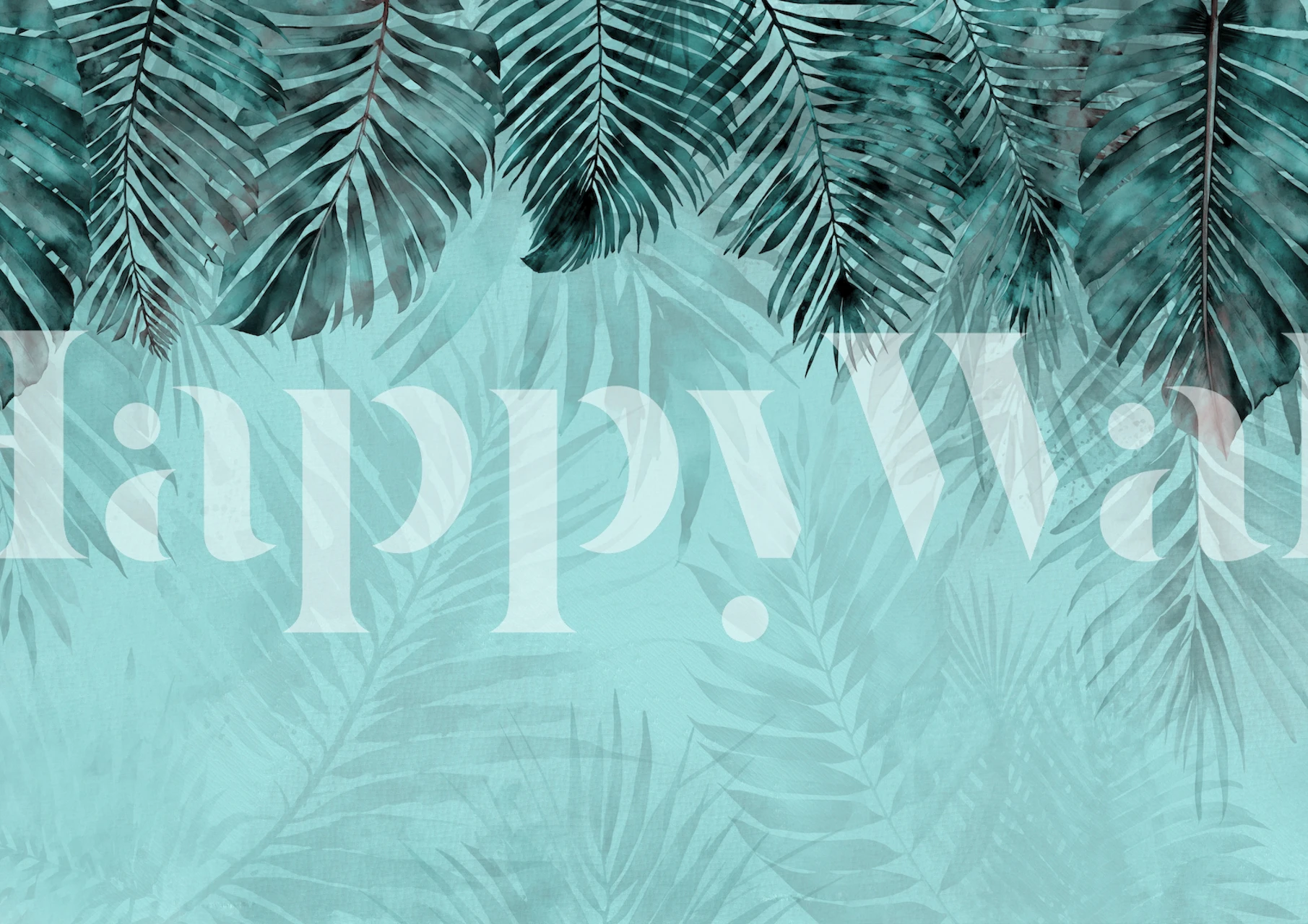 Turkoosi ja sinivihreä viidakkoaiheinen seinämaalaus trooppisilla lehtikuvioilla