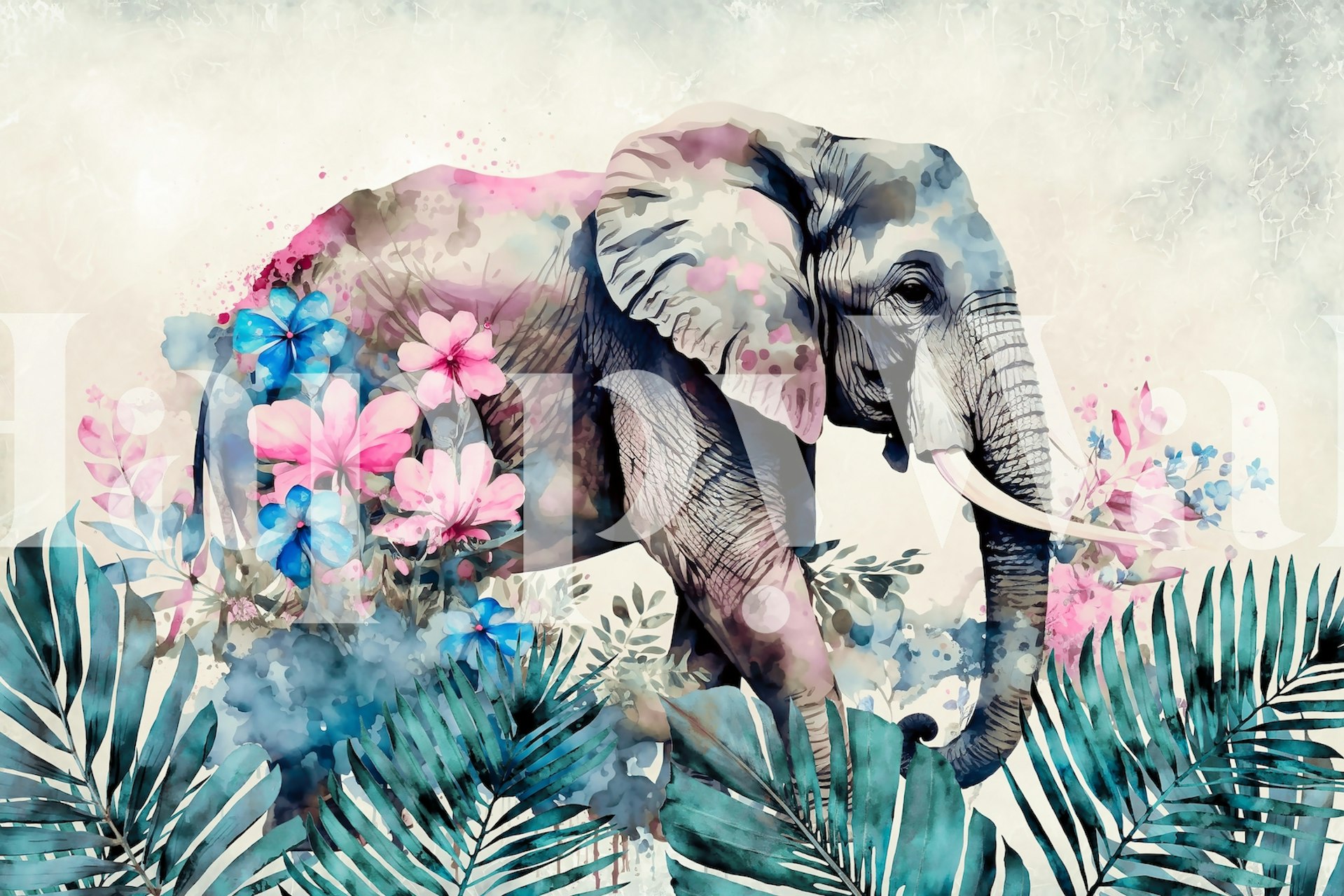 Tropical elephant with pink flowers and green leaves wallpaper