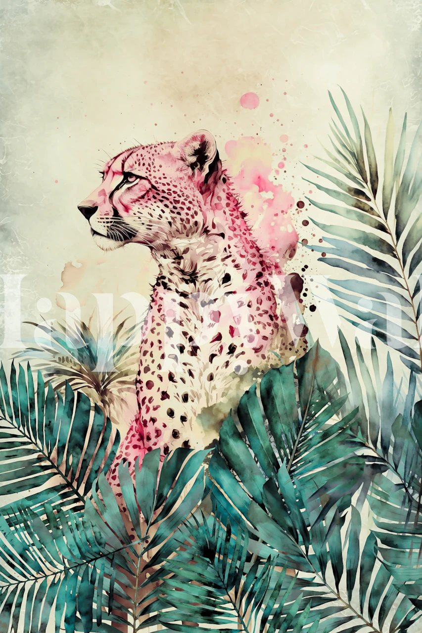 Roze cheetah met groene bladeren aquarel stijl wallpaper
