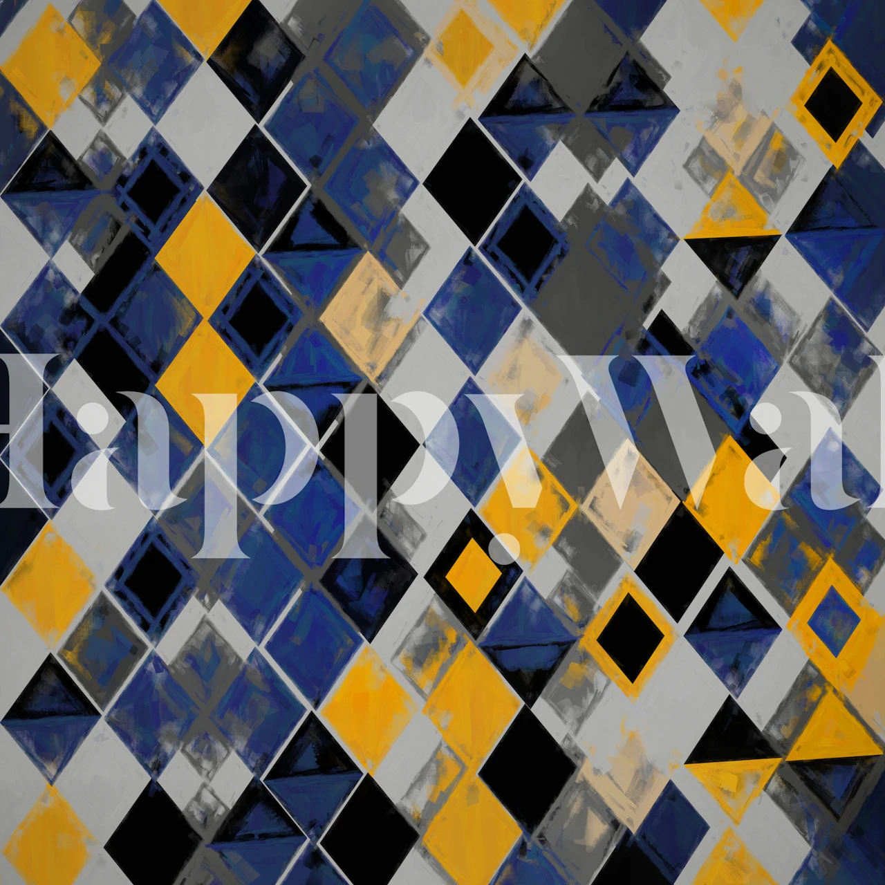 Geometryczna fototapeta z niebieskimi, szarymi i musztardowymi rombami na happywall.com
