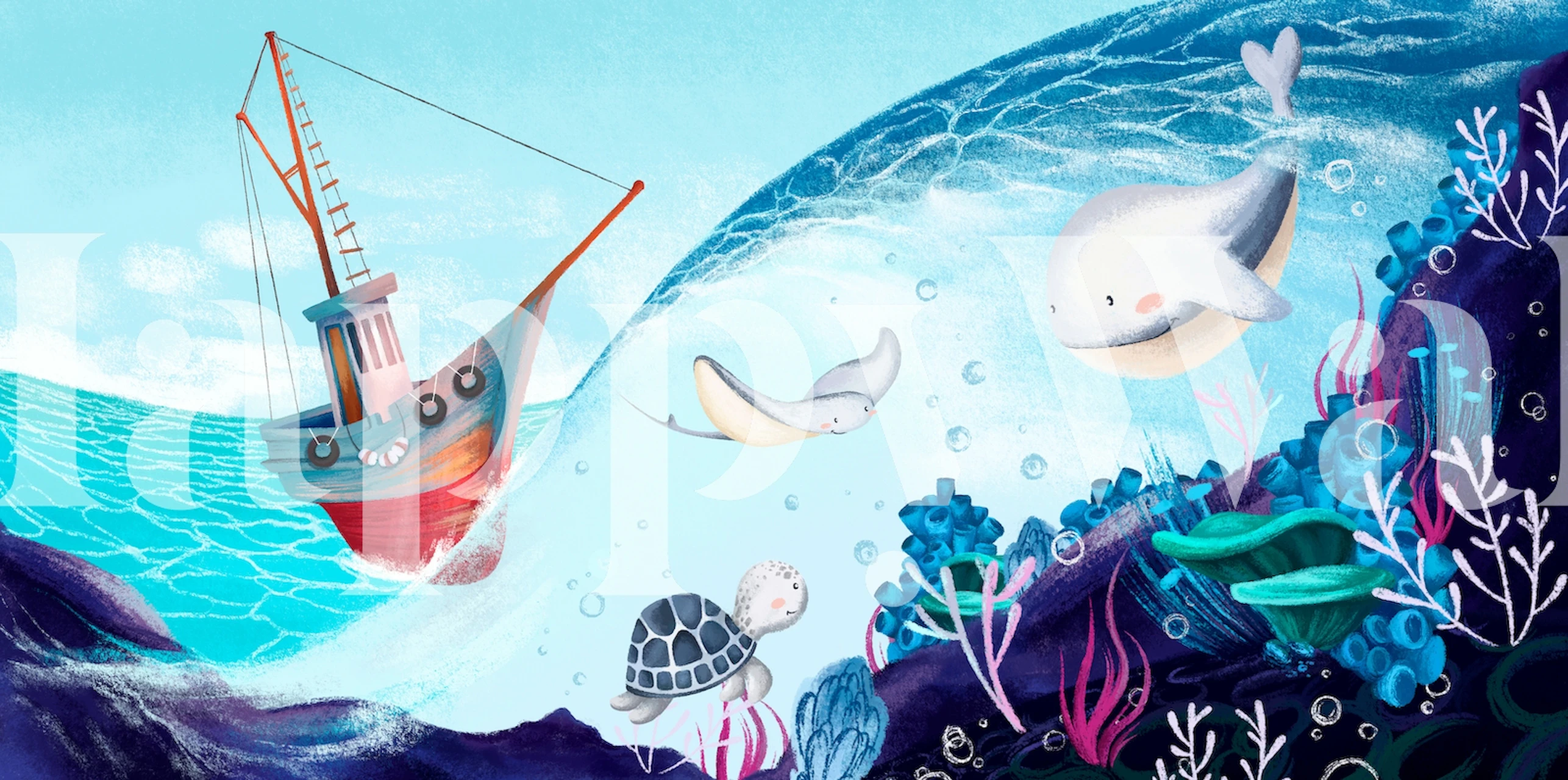 Underwater marine world wallpaper with colorful fish, coral, and a boat