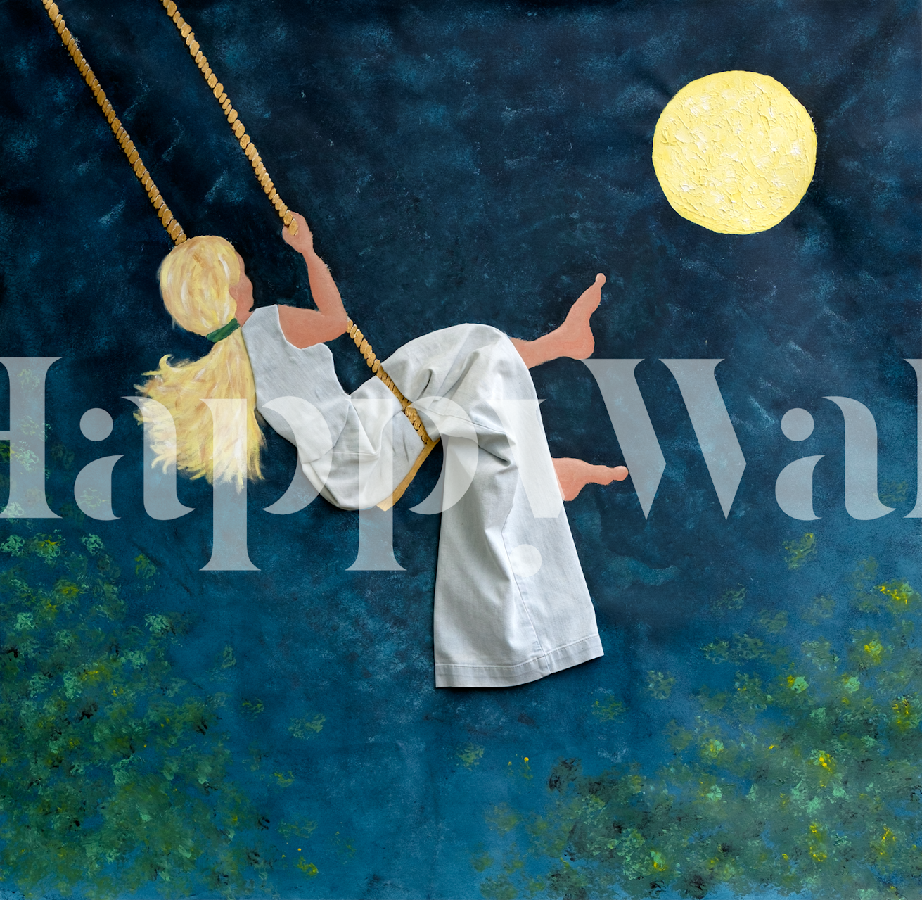 Girl on swing under a bright yellow moon against a blue night sky wallpaper