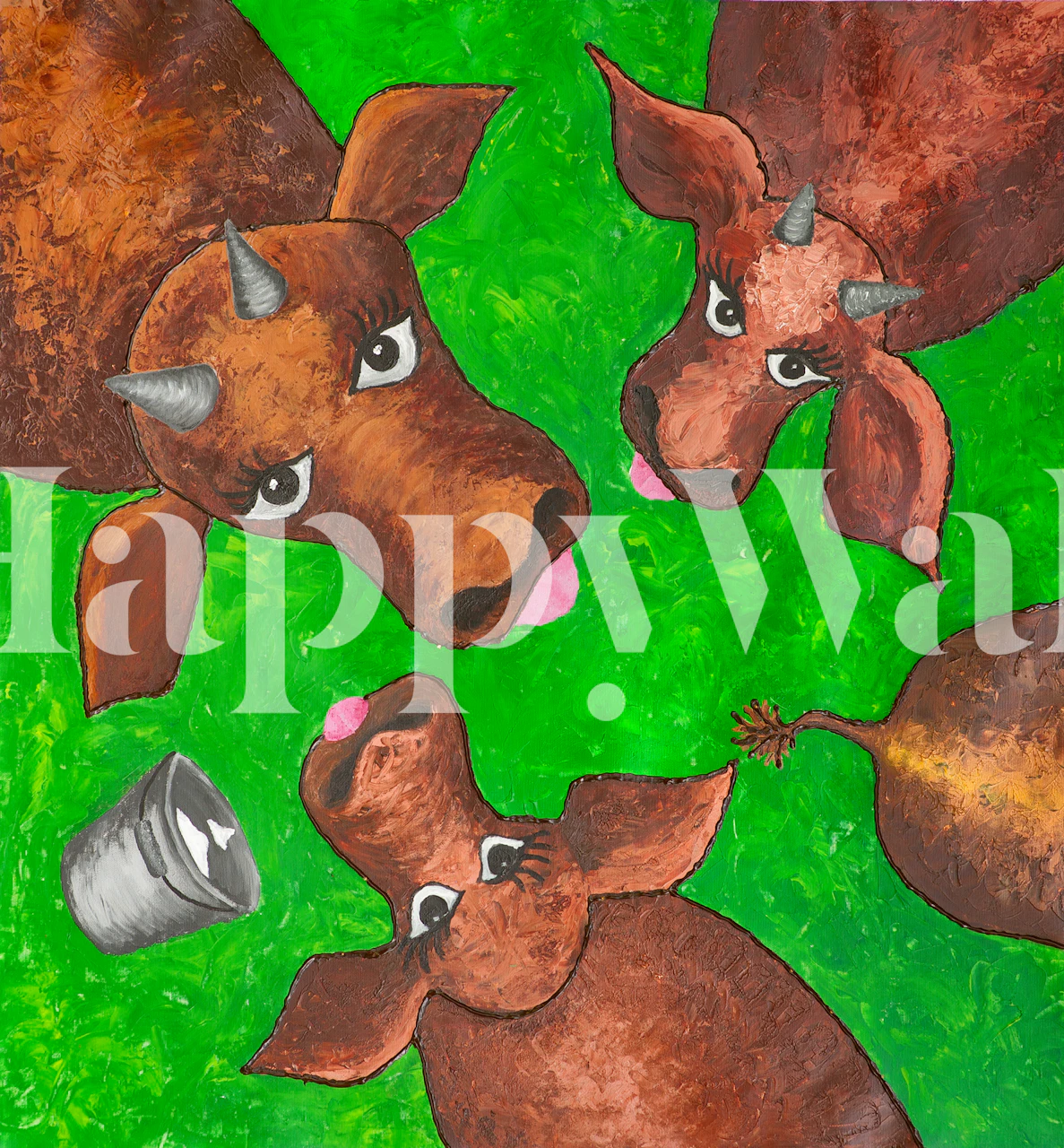 Artistic wall mural featuring three brown cows in a green pasture with a playful vibe