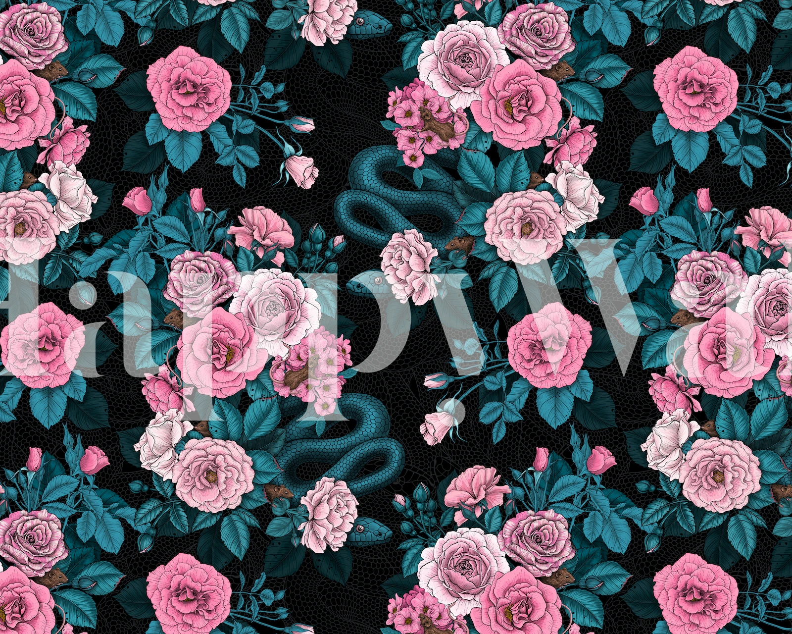 En tapet med ett kluster av rosa och röda rosor på en mörk bakgrund, vilket skapar en romantisk blommig atmosfär.