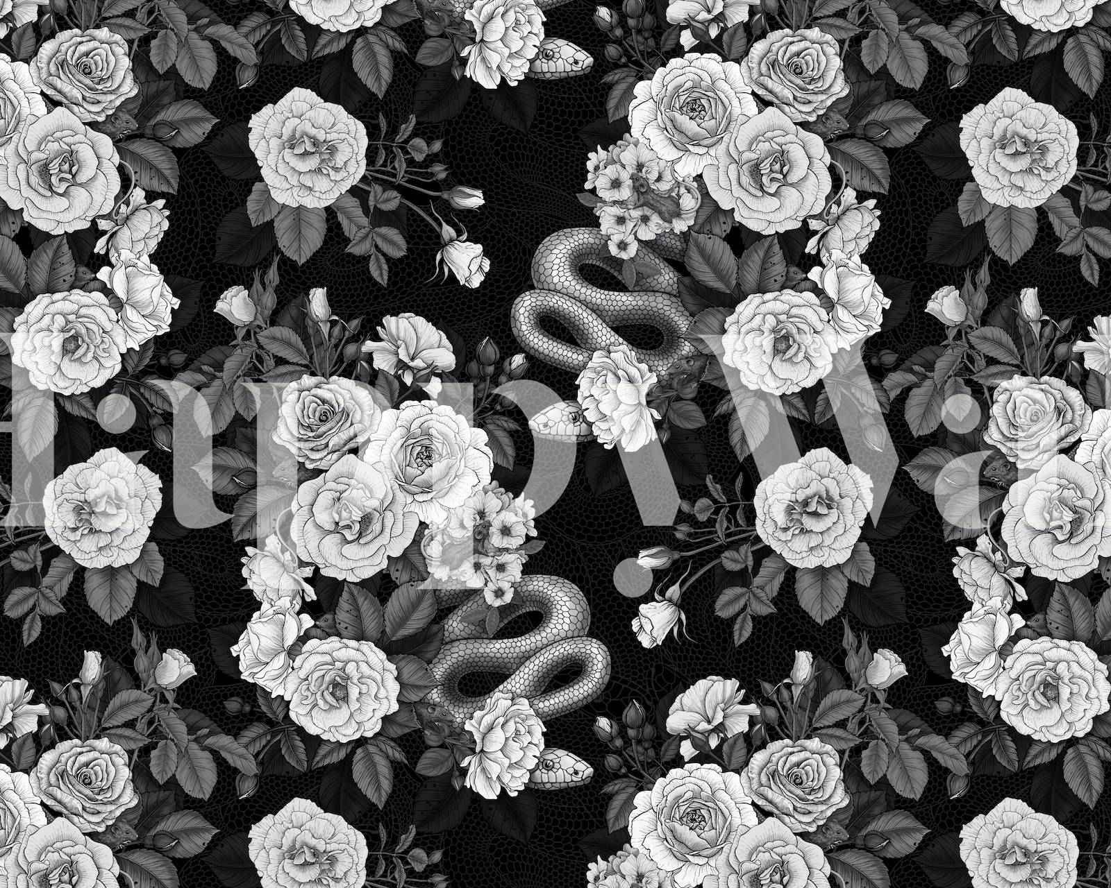 Wallpaper with roses and snake design in a room