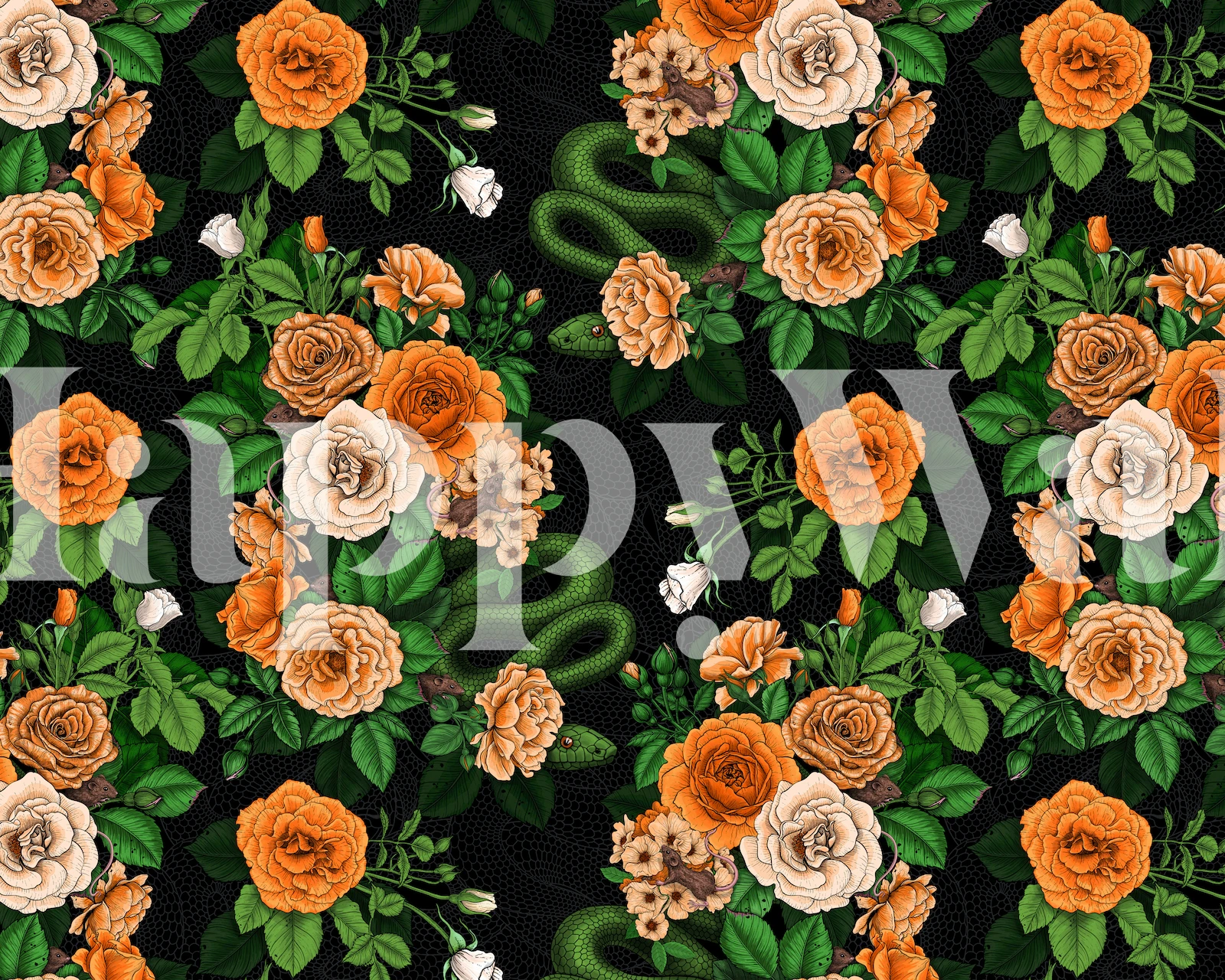 Floral wallpaper design with roses and greenery
