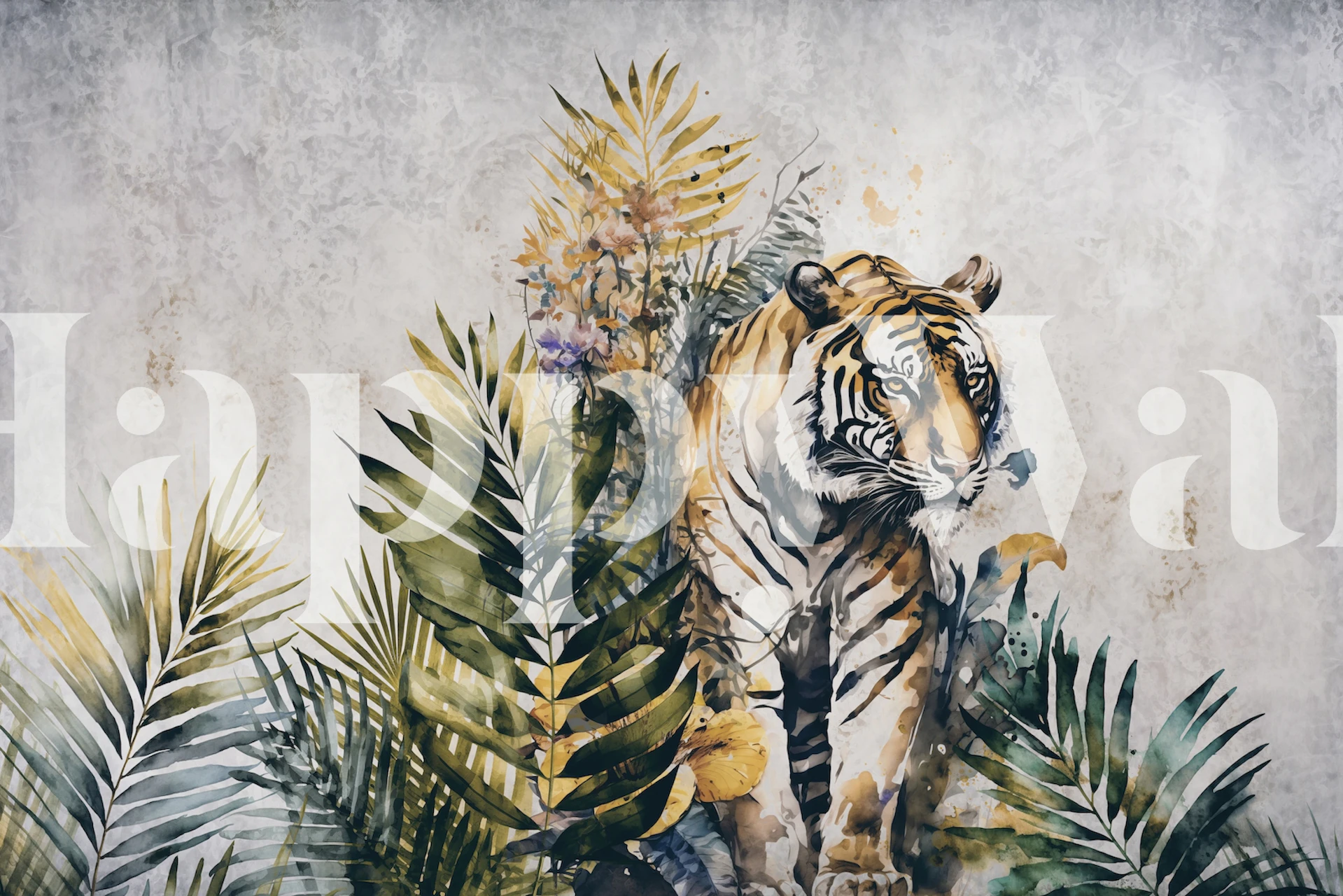 Tiger amidst green tropical leaves on textured wallpaper