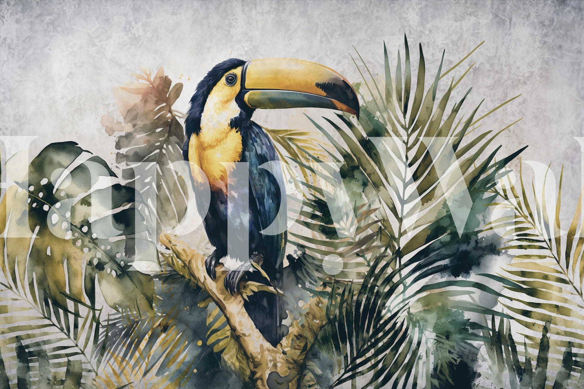 Toucan sitting on a branch in a jungle-themed wall mural with tropical leaves