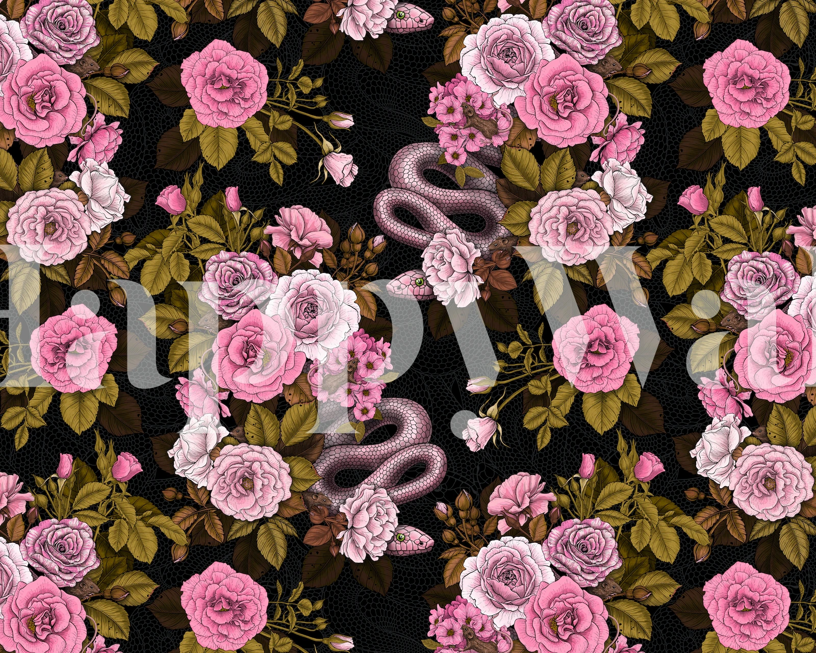Blomster tapet med rosa roser og en slange