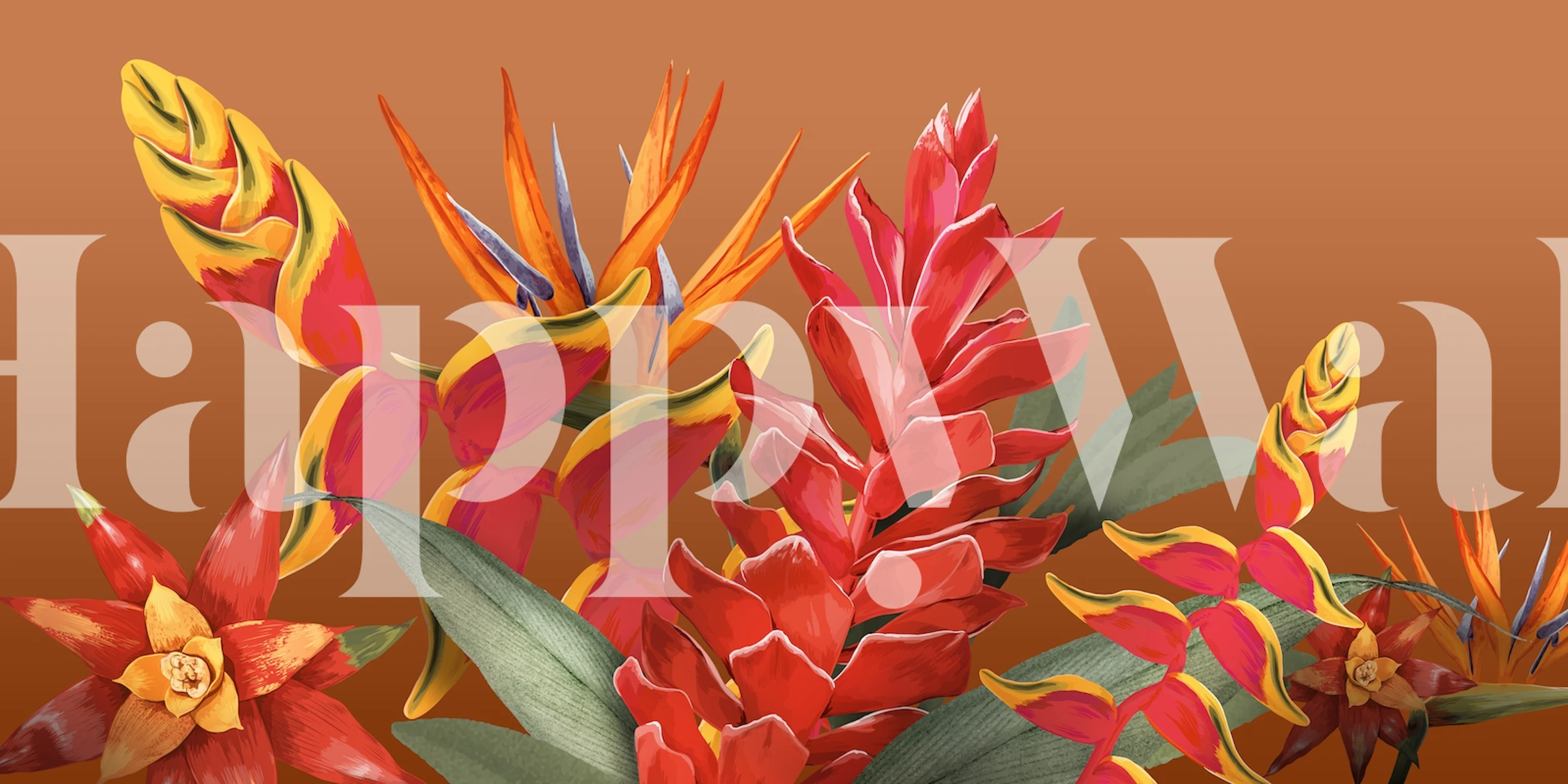 Fargerike røde og gule tropiske blomster på en varm oransje bakgrunnsveggmaleri