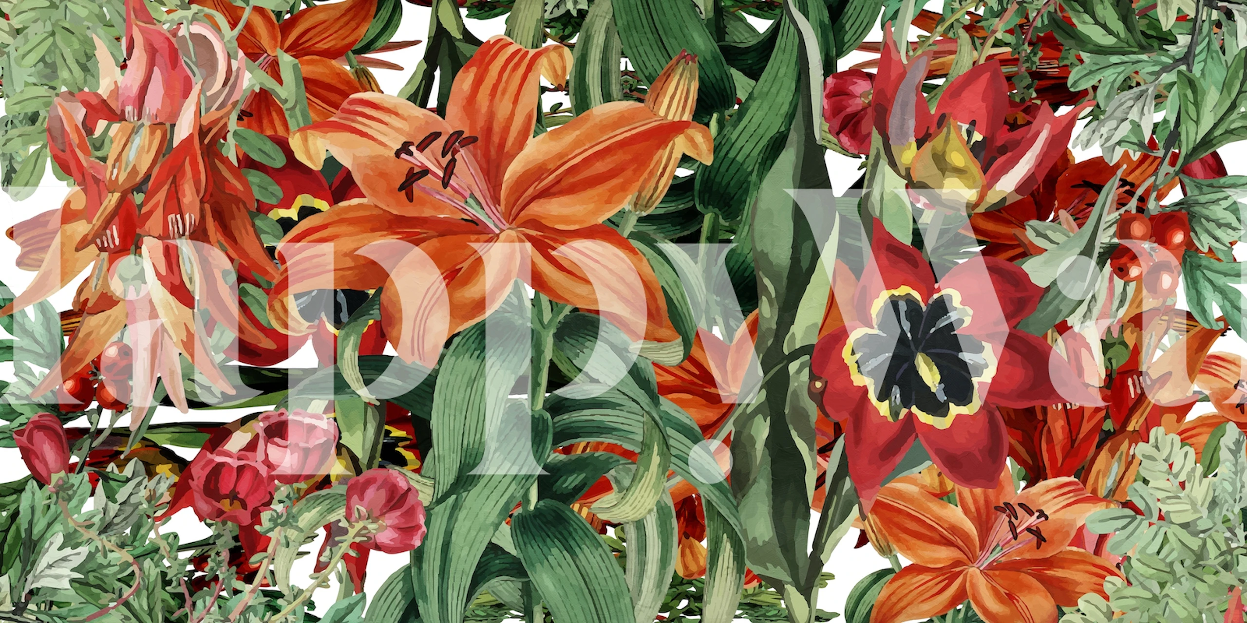 Colorful orange and green floral design wallpaper