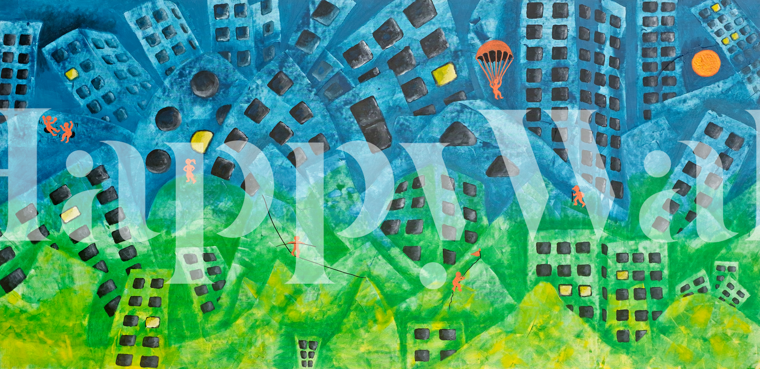 Colorful abstract urban landscape with buildings and figures wallpaper