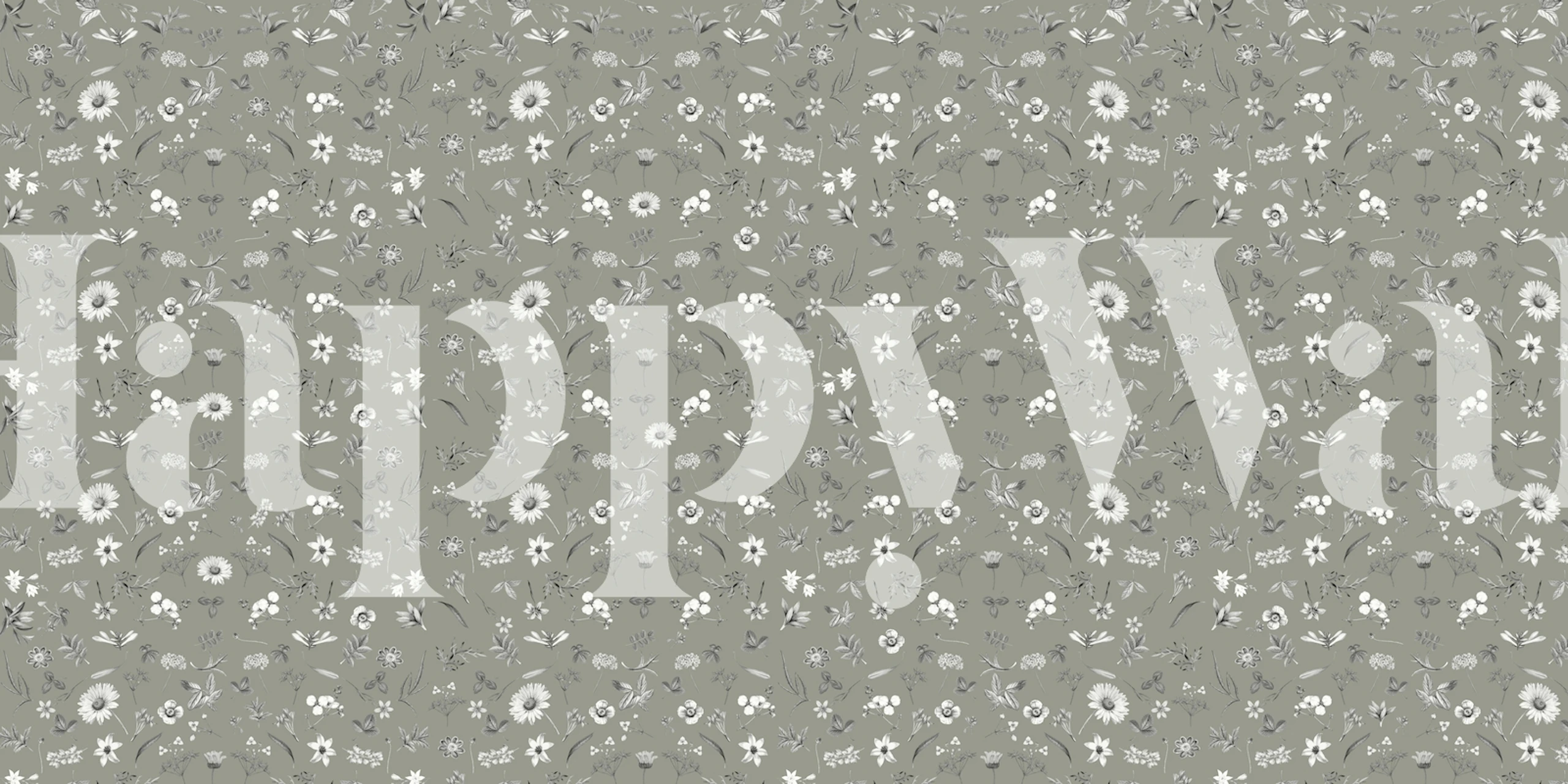 Green floral pattern wall mural with white flowers