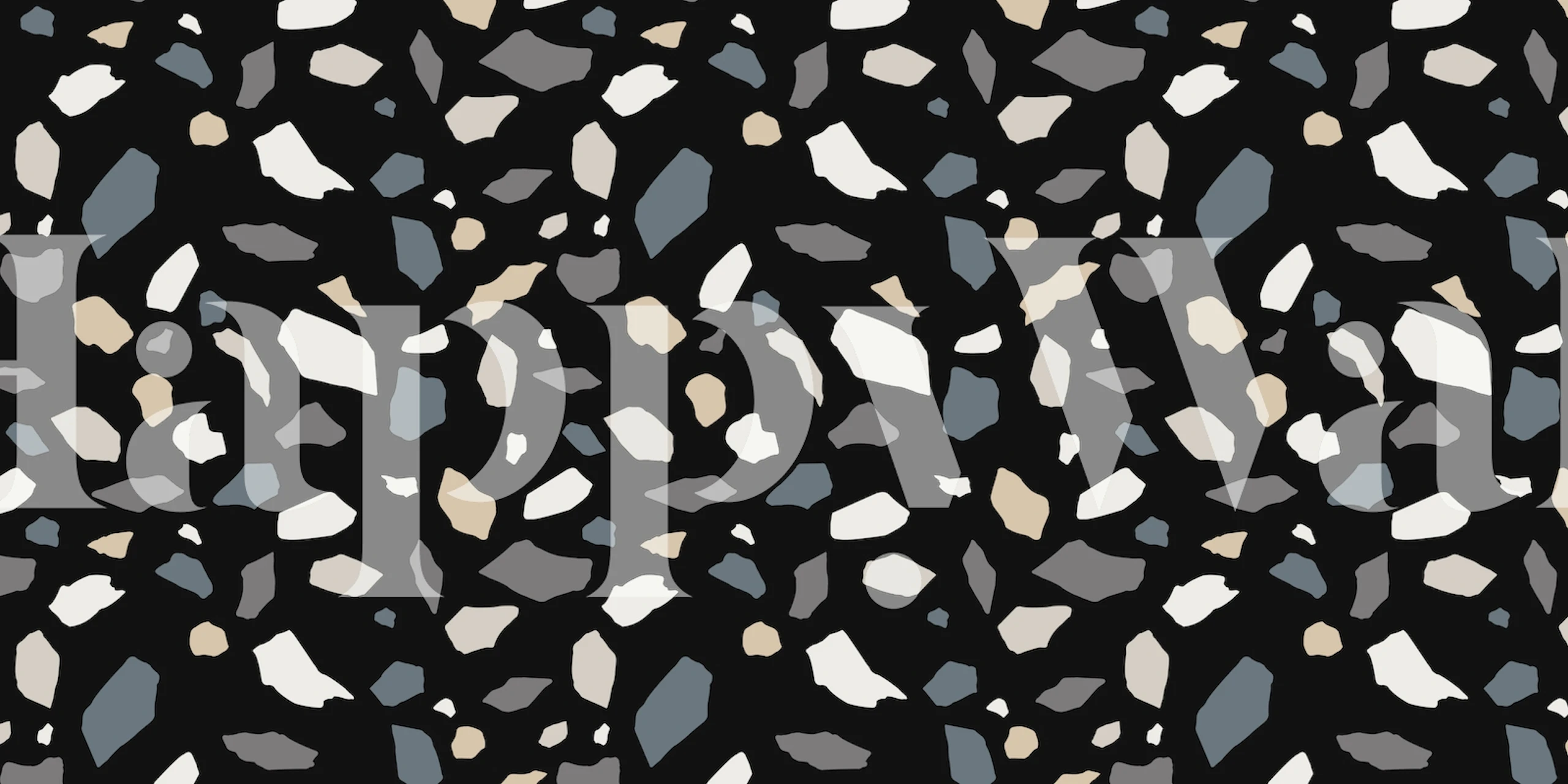 Mosaic abstract wallpaper with black background, featuring colorful geometric shapes in beige, gray, and white.