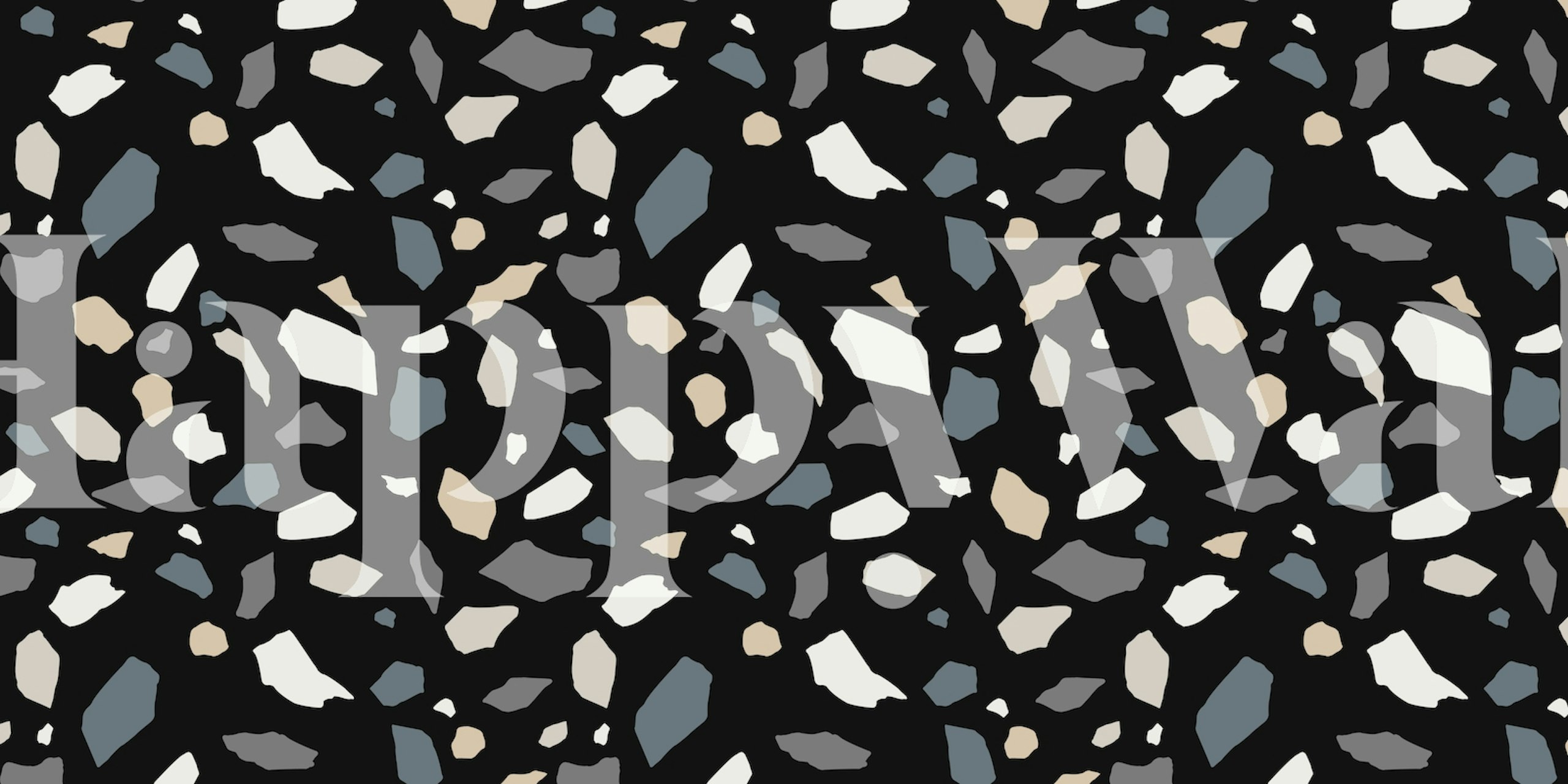 Mosaic abstract wallpaper with black background, featuring colorful geometric shapes in beige, gray, and white.