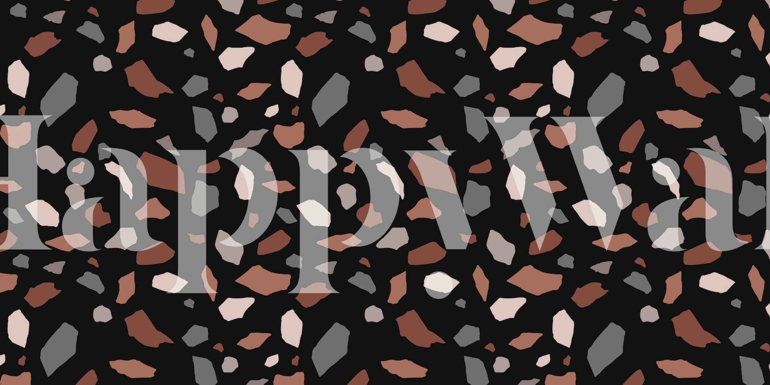 Abstract mosaic wallpaper with earthy shapes and colors on a black background.