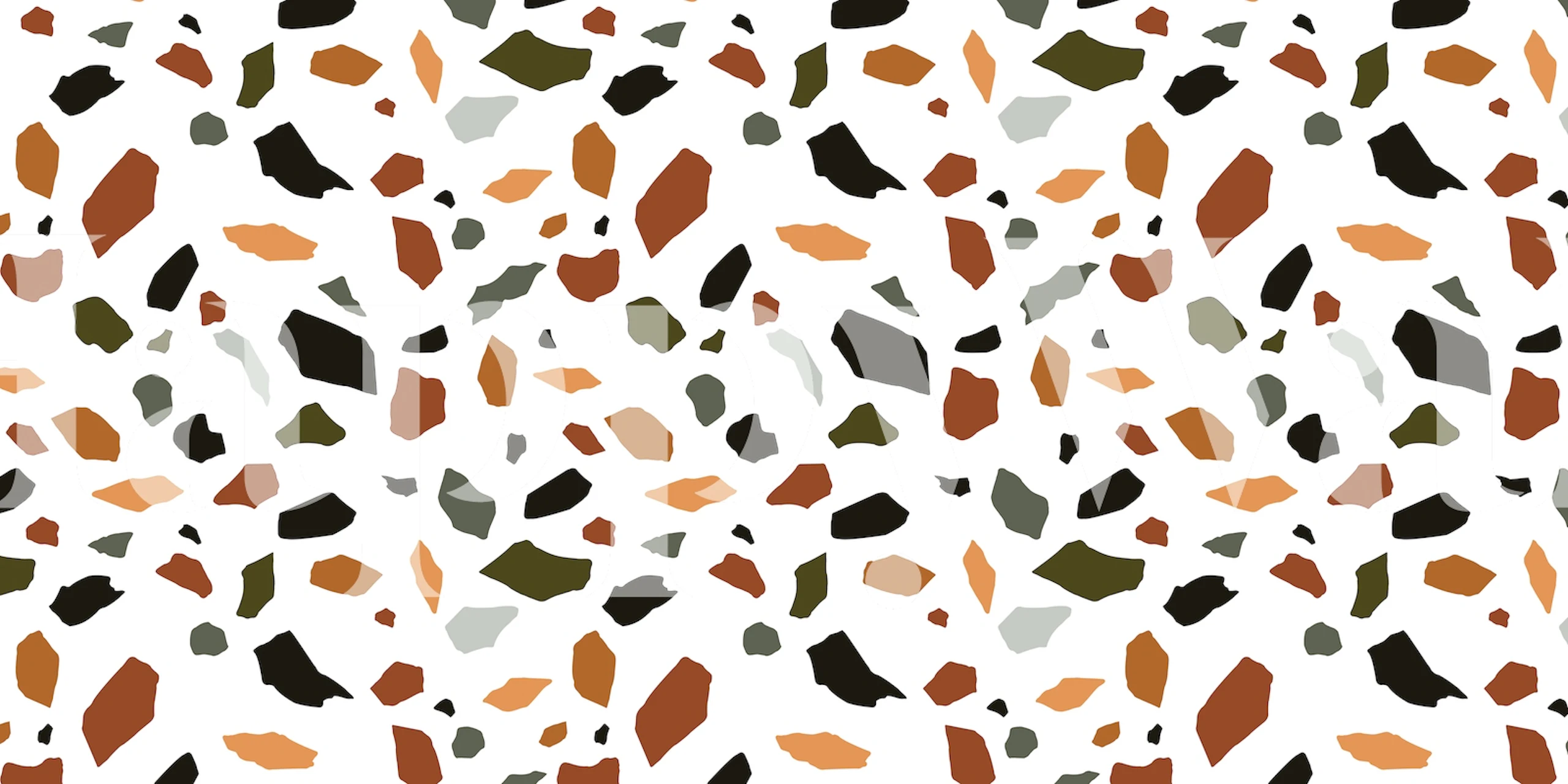 Abstract mosaic terrazzo pattern wall mural in orange, green, and black
