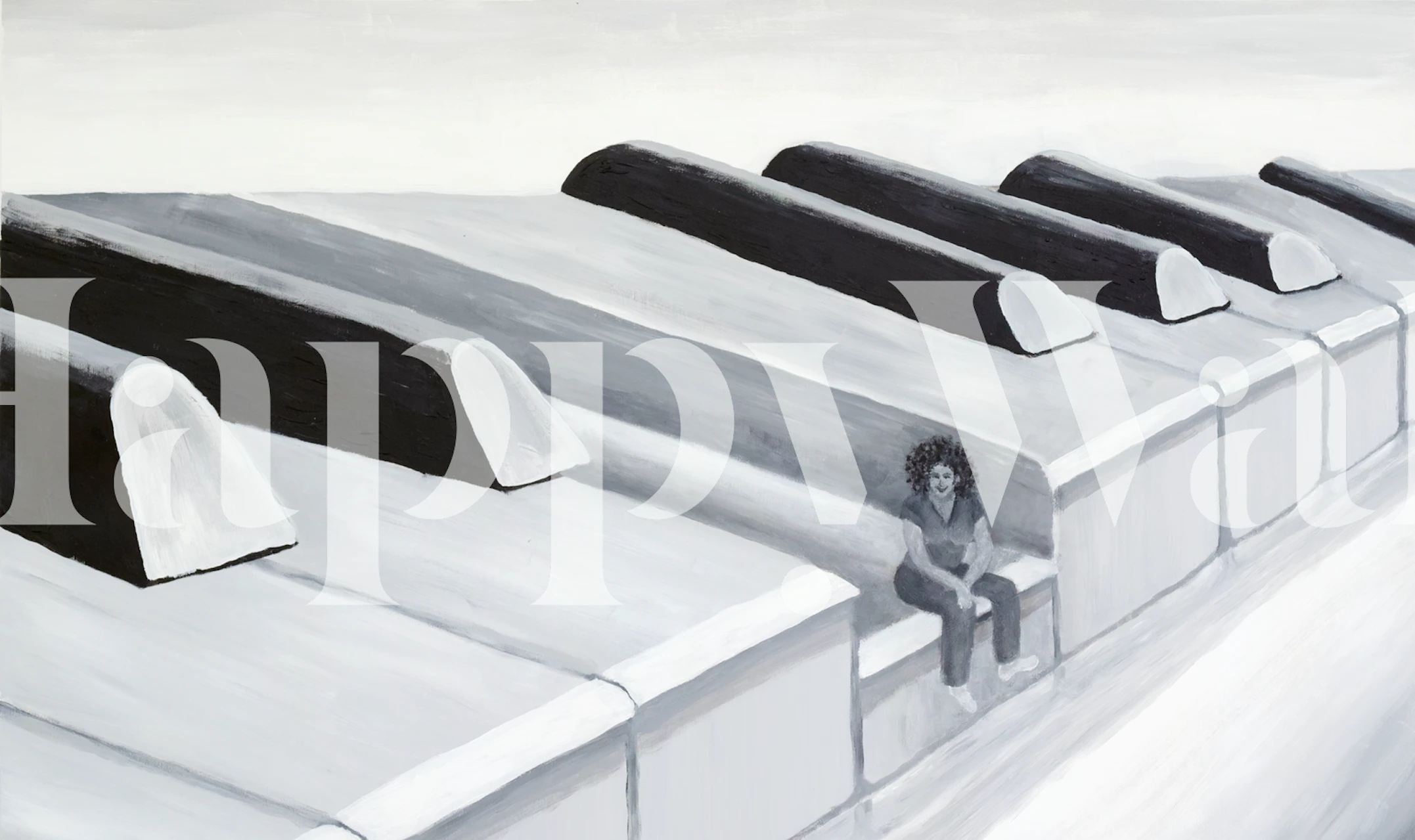 Black and white wall mural with solitary figure seated at a grand piano