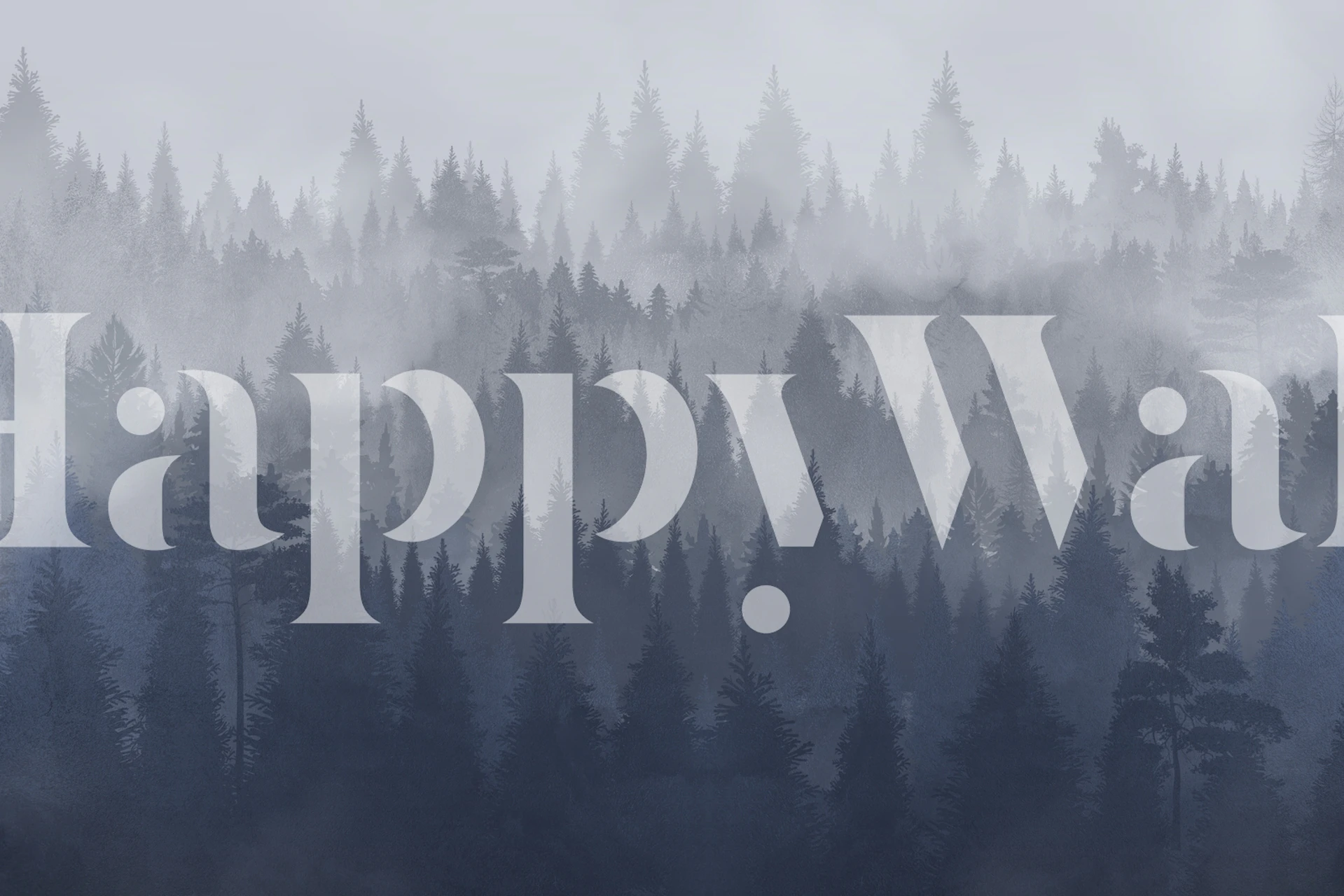 Mist-covered evergreen trees in shades of blue wallpaper