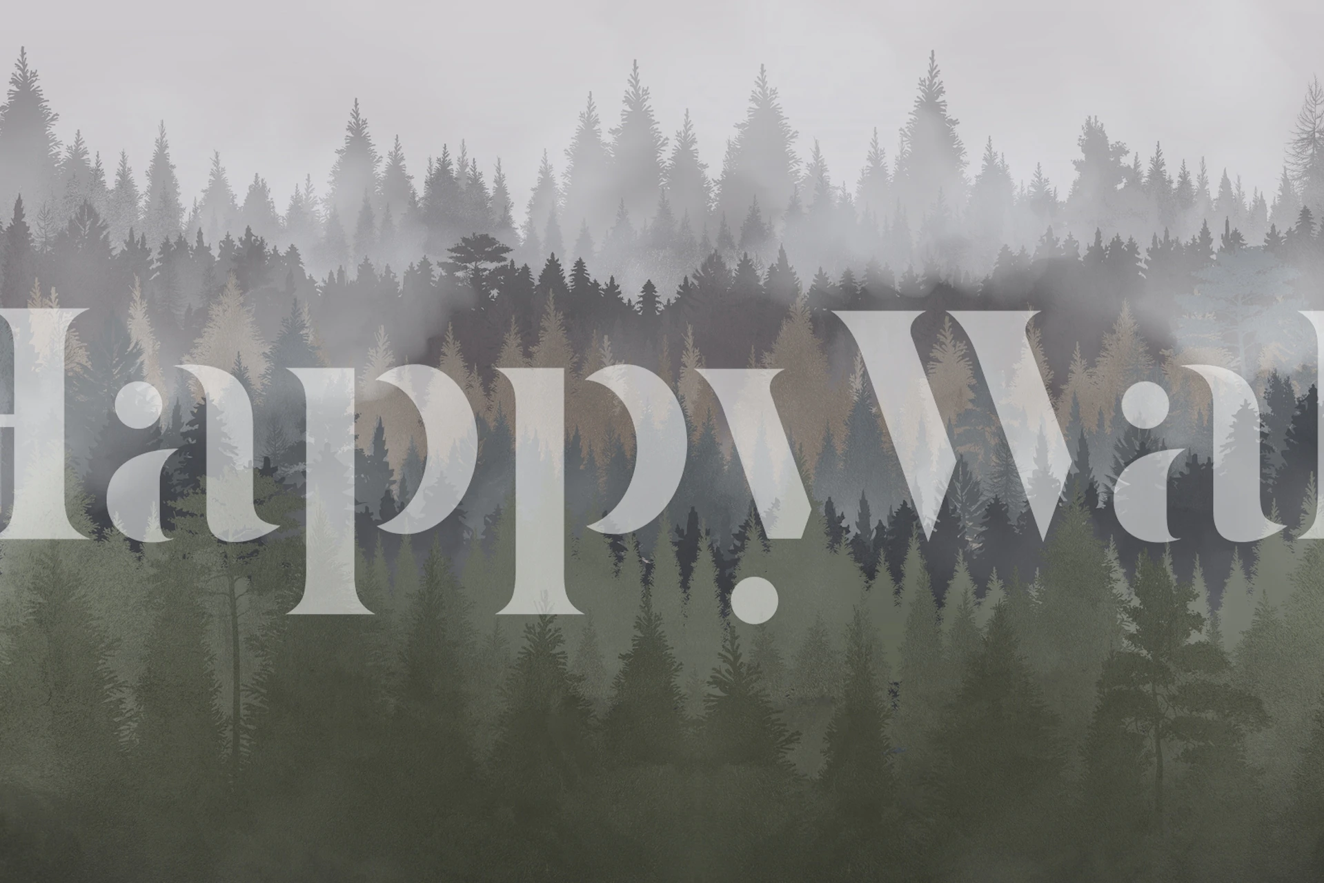 Maglovita šumska zidna slika sa slojevima tamnog drveća koje nestaje u magli