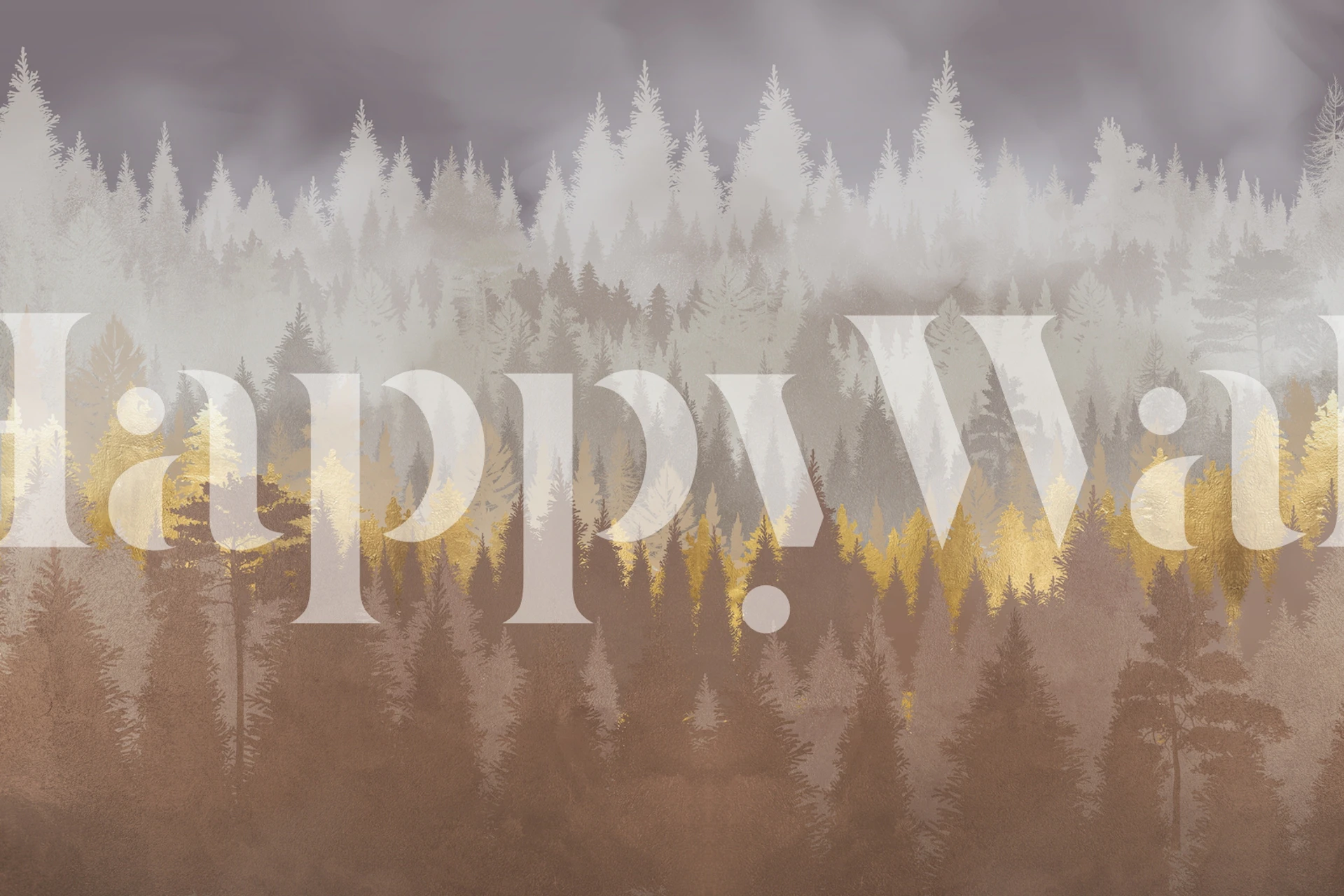 Wall mural of a misty forest with golden tones