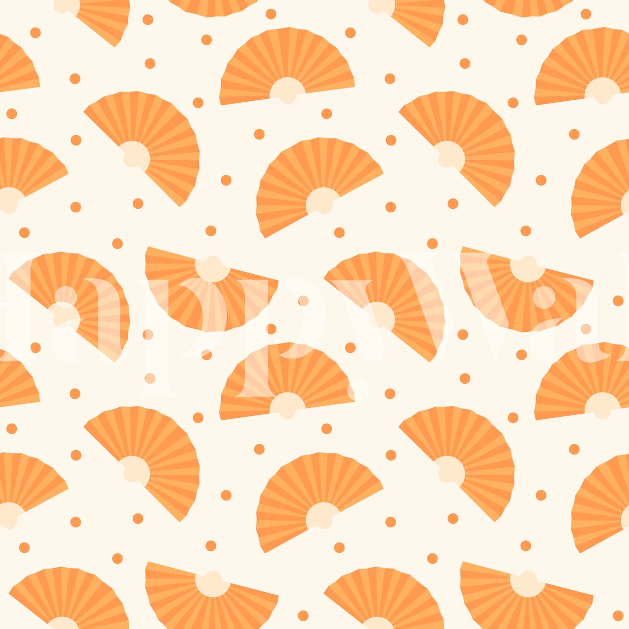Orange hand fan pattern with dots on a cream background wallpaper
