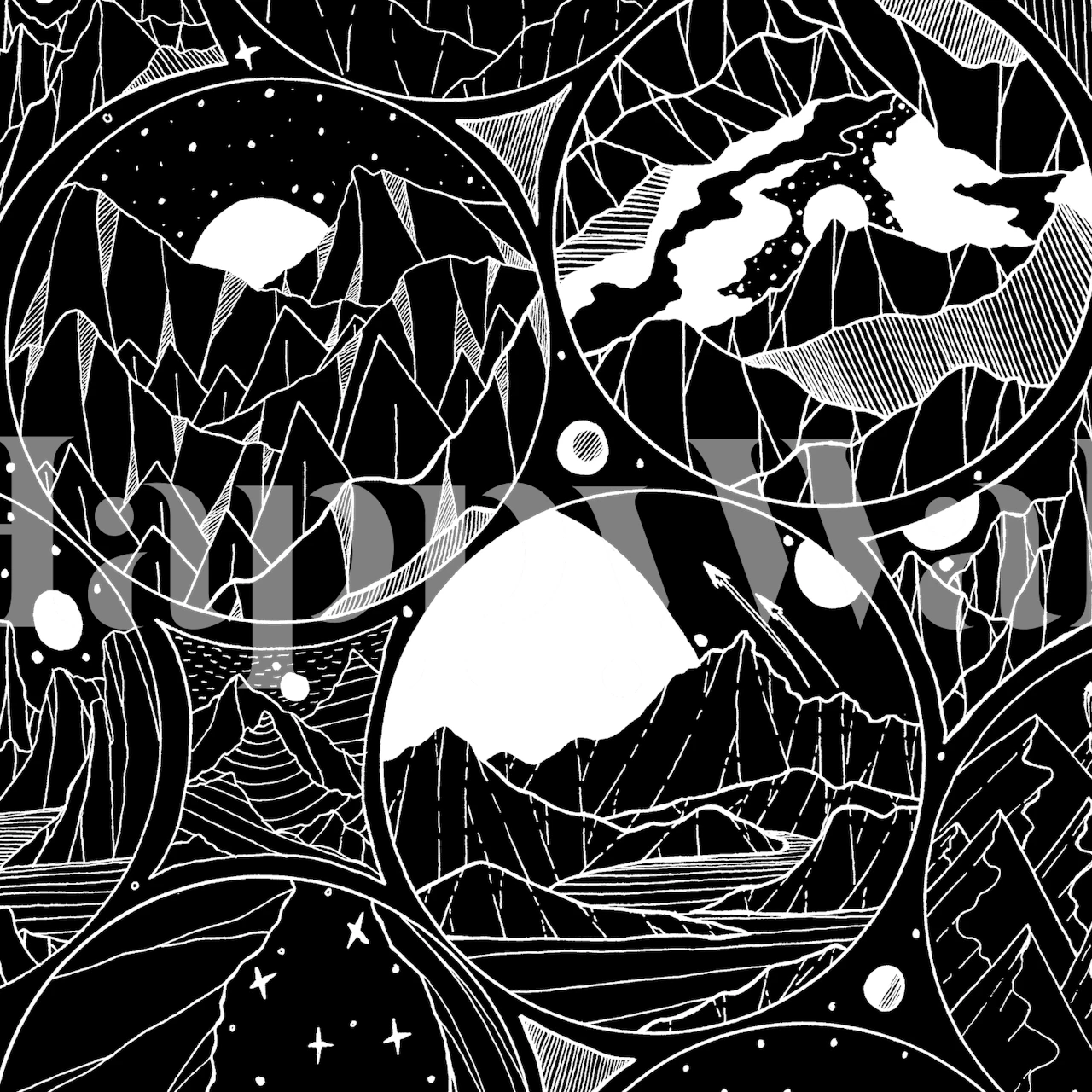 Abstrakt sort og hvidt vægmaleri med bjerge i koncentriske cirkler