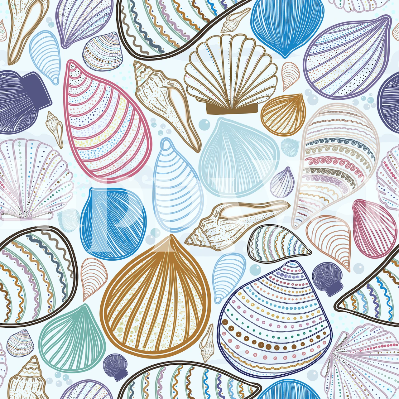 Pastel seashell pattern wall mural with a variety of sea shells in soothing colors