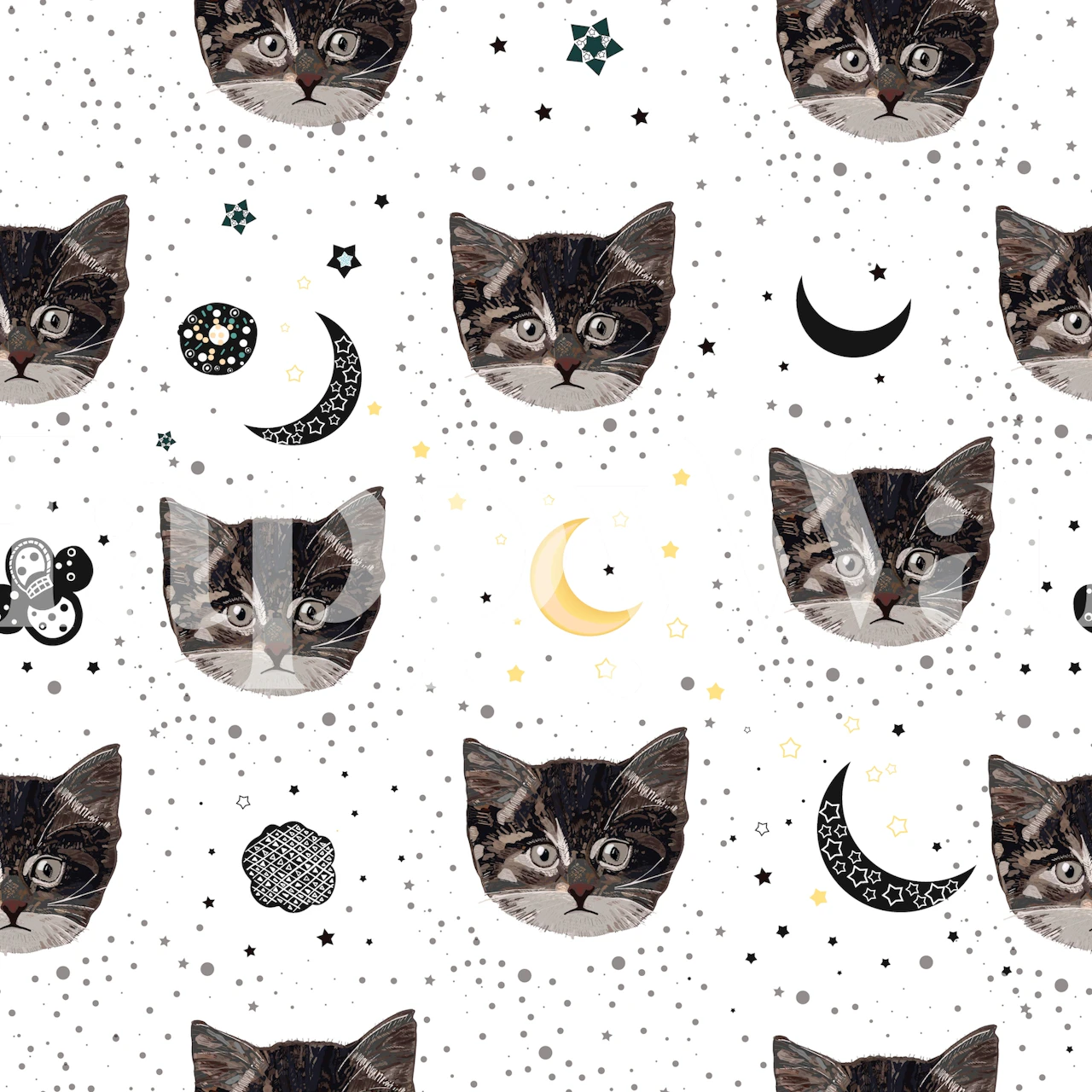 Cute cats and celestial motifs, black, white, gold wallpaper
